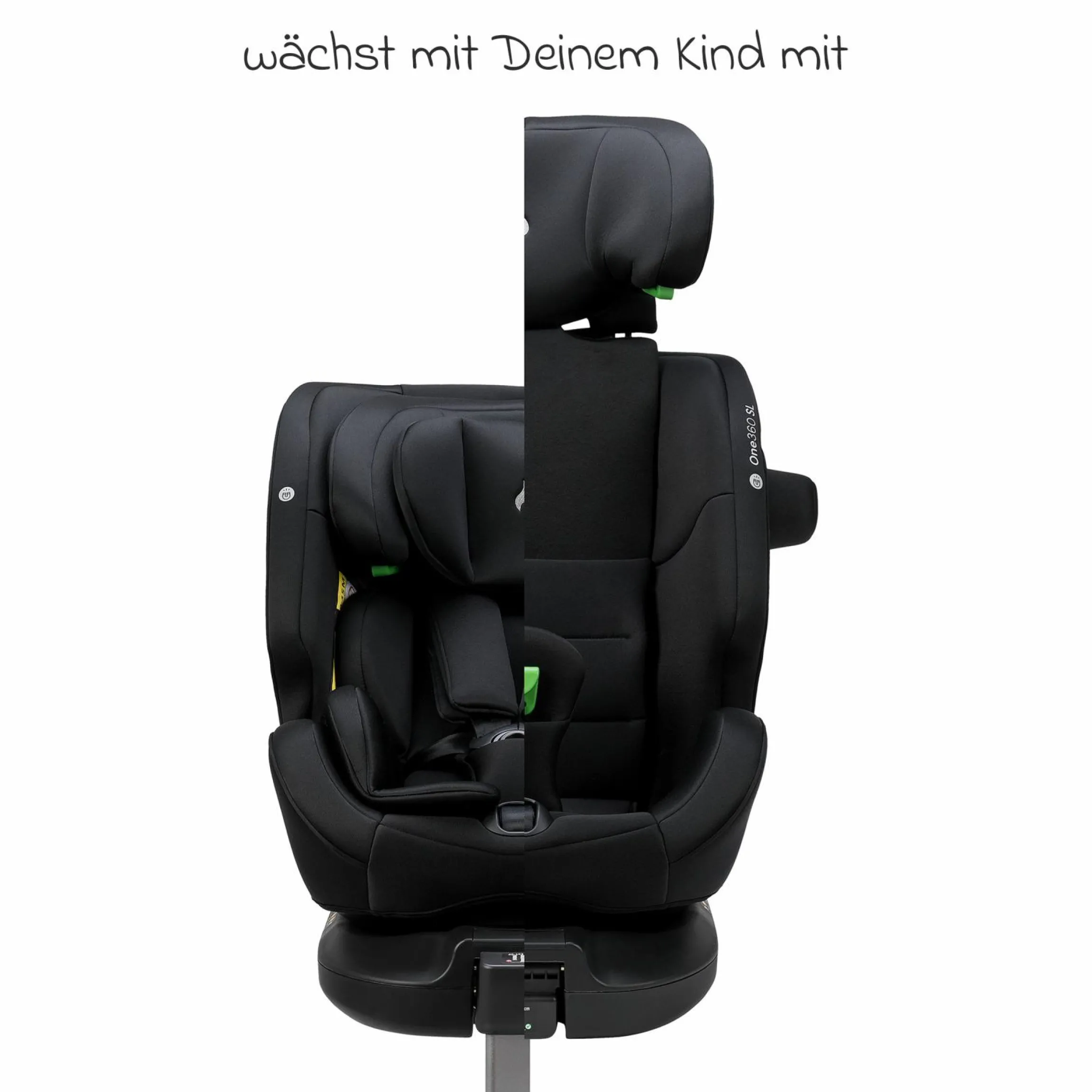 Reboarder-Kindersitz One 360 SL i-Size drehbar ab Geburt - 12 Jahre (40 cm - 150 cm) inkl. Isofix-Basis mit Stützfuß - All Black