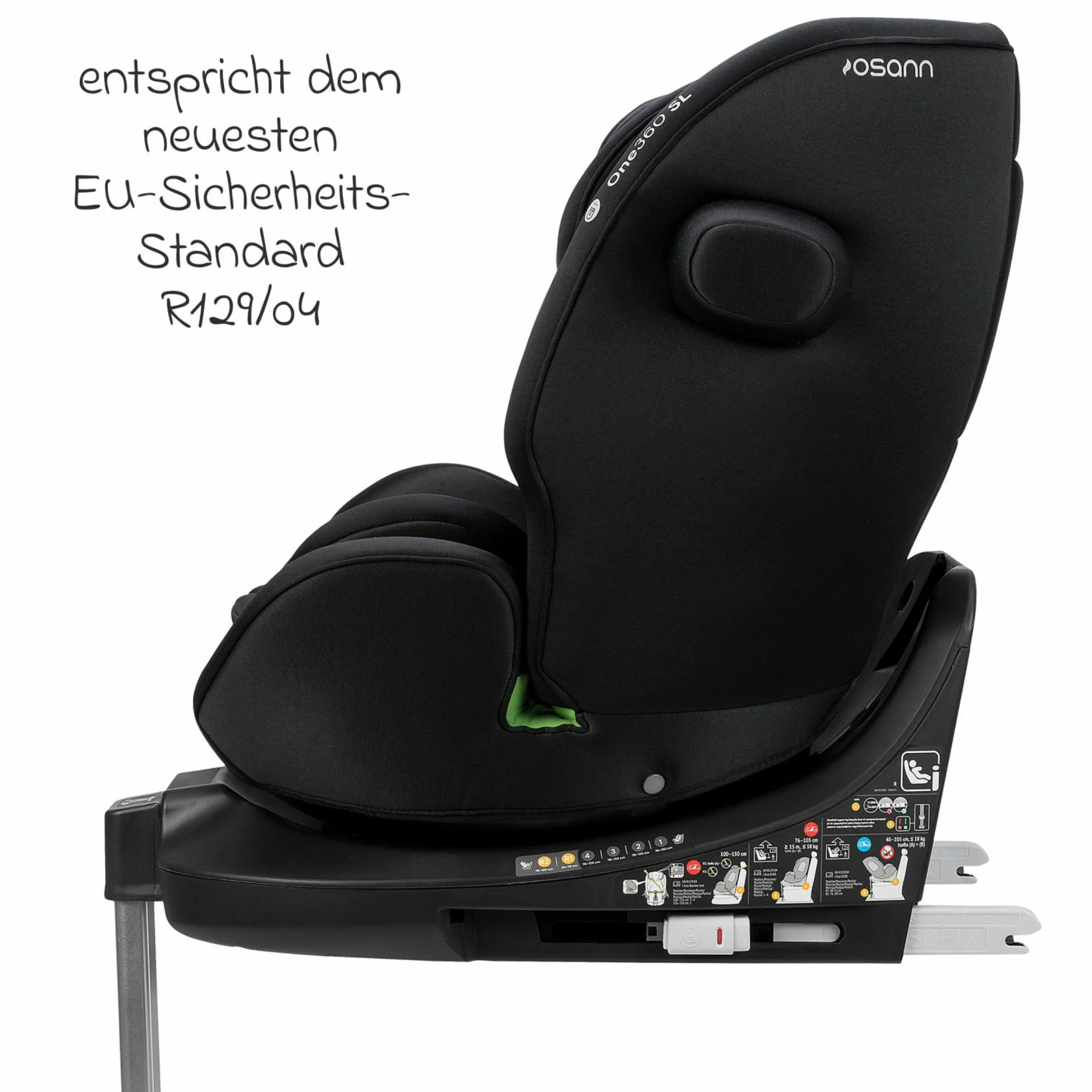 Reboarder-Kindersitz One 360 SL i-Size drehbar ab Geburt - 12 Jahre (40 cm - 150 cm) inkl. Isofix-Basis mit Stützfuß - All Black
