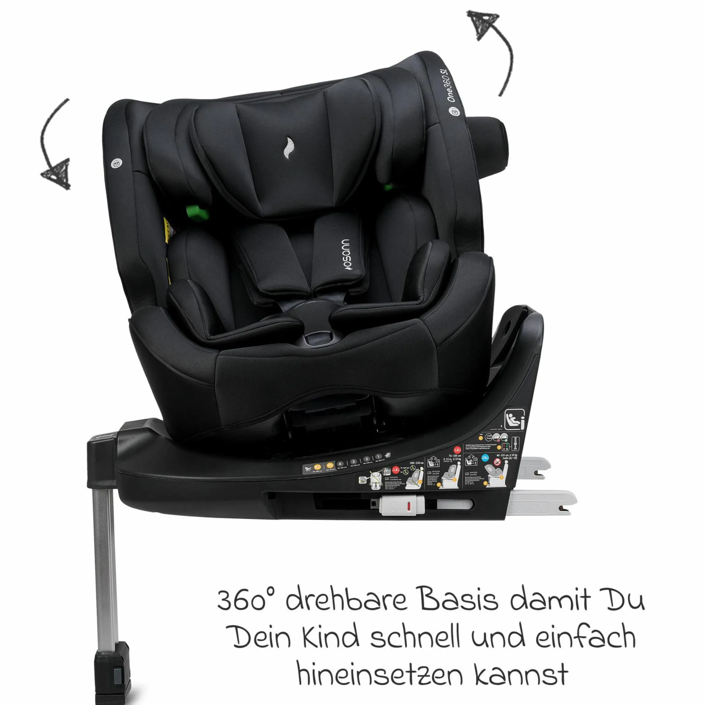 Reboarder-Kindersitz One 360 SL i-Size drehbar ab Geburt - 12 Jahre (40 cm - 150 cm) inkl. Isofix-Basis mit Stützfuß - All Black