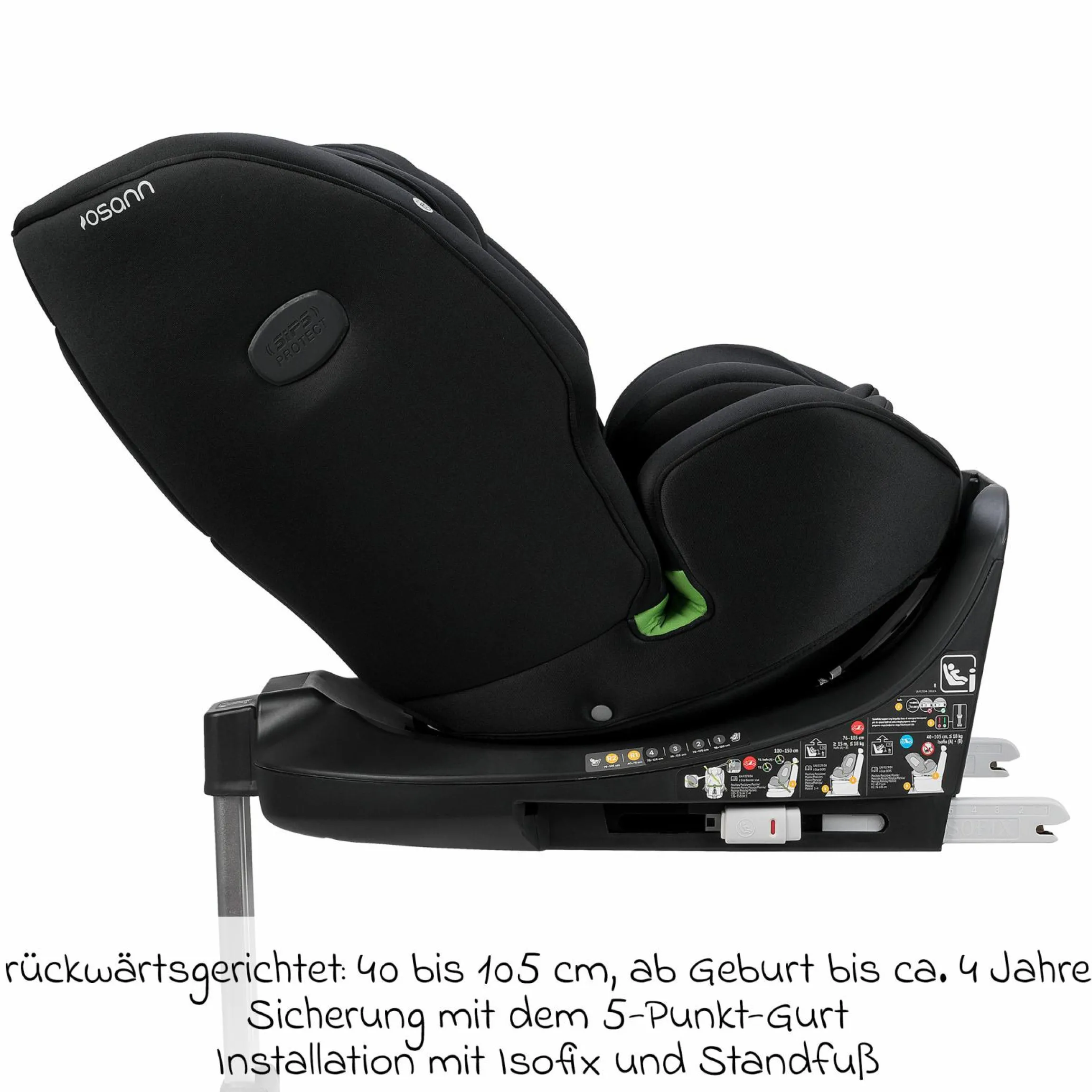 Reboarder-Kindersitz One 360 SL i-Size drehbar ab Geburt - 12 Jahre (40 cm - 150 cm) inkl. Isofix-Basis mit Stützfuß - All Black