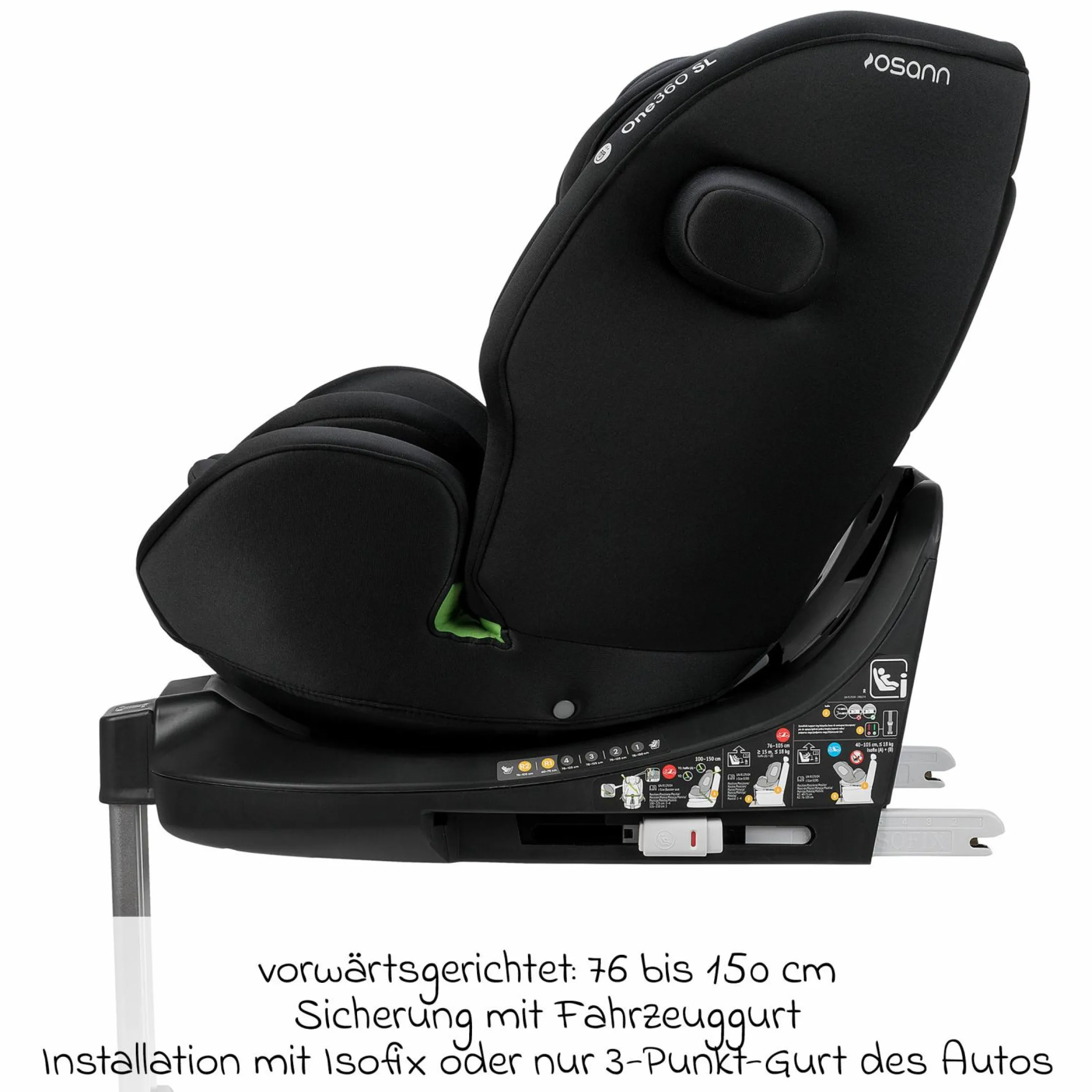 Reboarder-Kindersitz One 360 SL i-Size drehbar ab Geburt - 12 Jahre (40 cm - 150 cm) inkl. Isofix-Basis mit Stützfuß - All Black