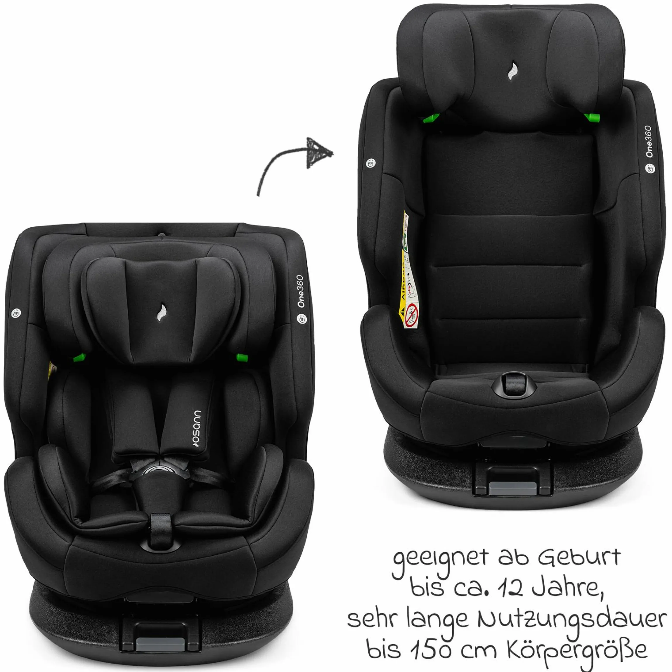 Reboarder-Kindersitz One360 i-Size ab Geburt - 12 Jahre (40 cm - 150 cm) 360° drehbar mit Isofix-Basis & Top-Tether - All Black - Kollektion 2025