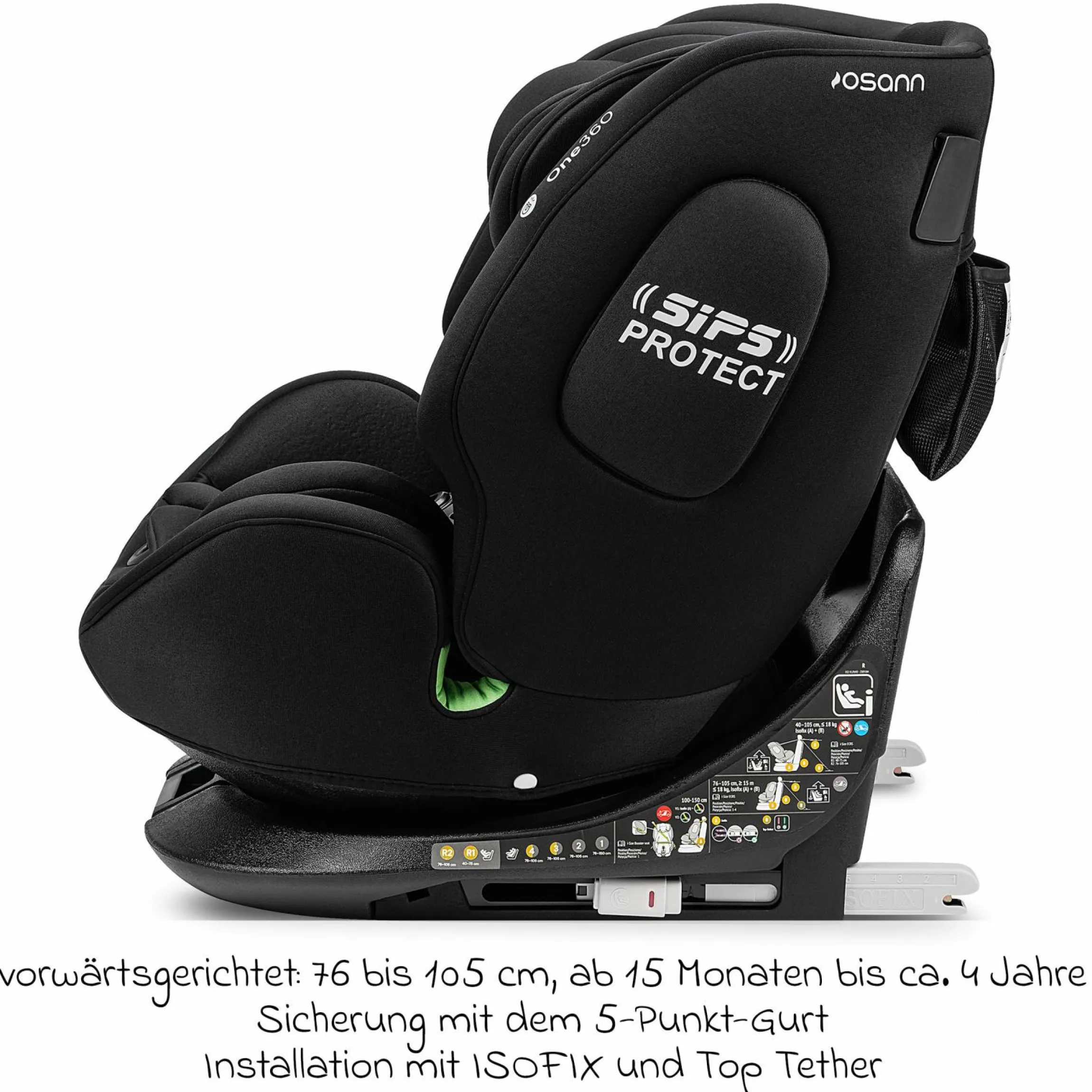 Reboarder-Kindersitz One360 i-Size ab Geburt - 12 Jahre (40 cm - 150 cm) 360° drehbar mit Isofix-Basis & Top-Tether - All Black - Kollektion 2025