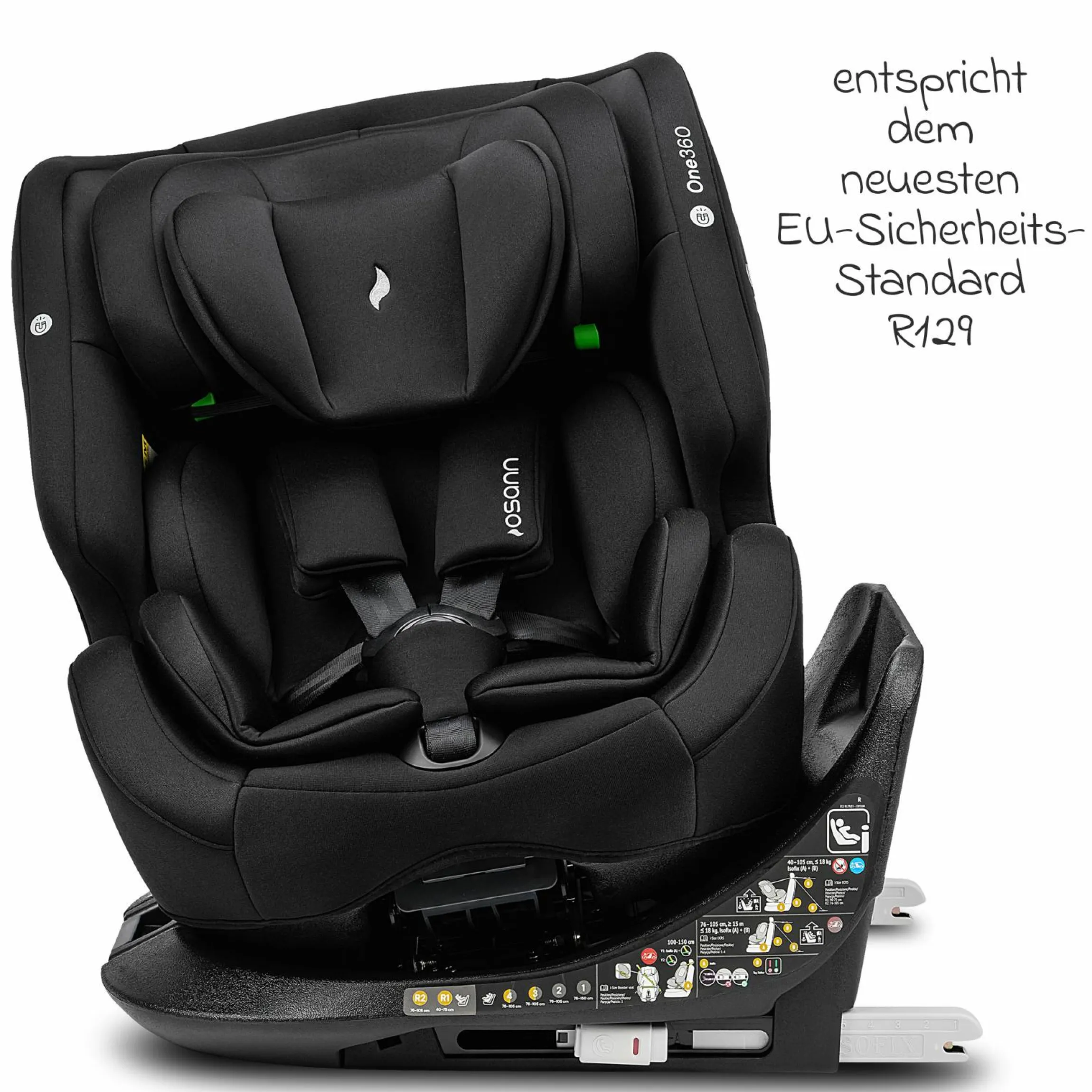 Reboarder-Kindersitz One360 i-Size ab Geburt - 12 Jahre (40 cm - 150 cm) 360° drehbar mit Isofix-Basis & Top-Tether - All Black - Kollektion 2025