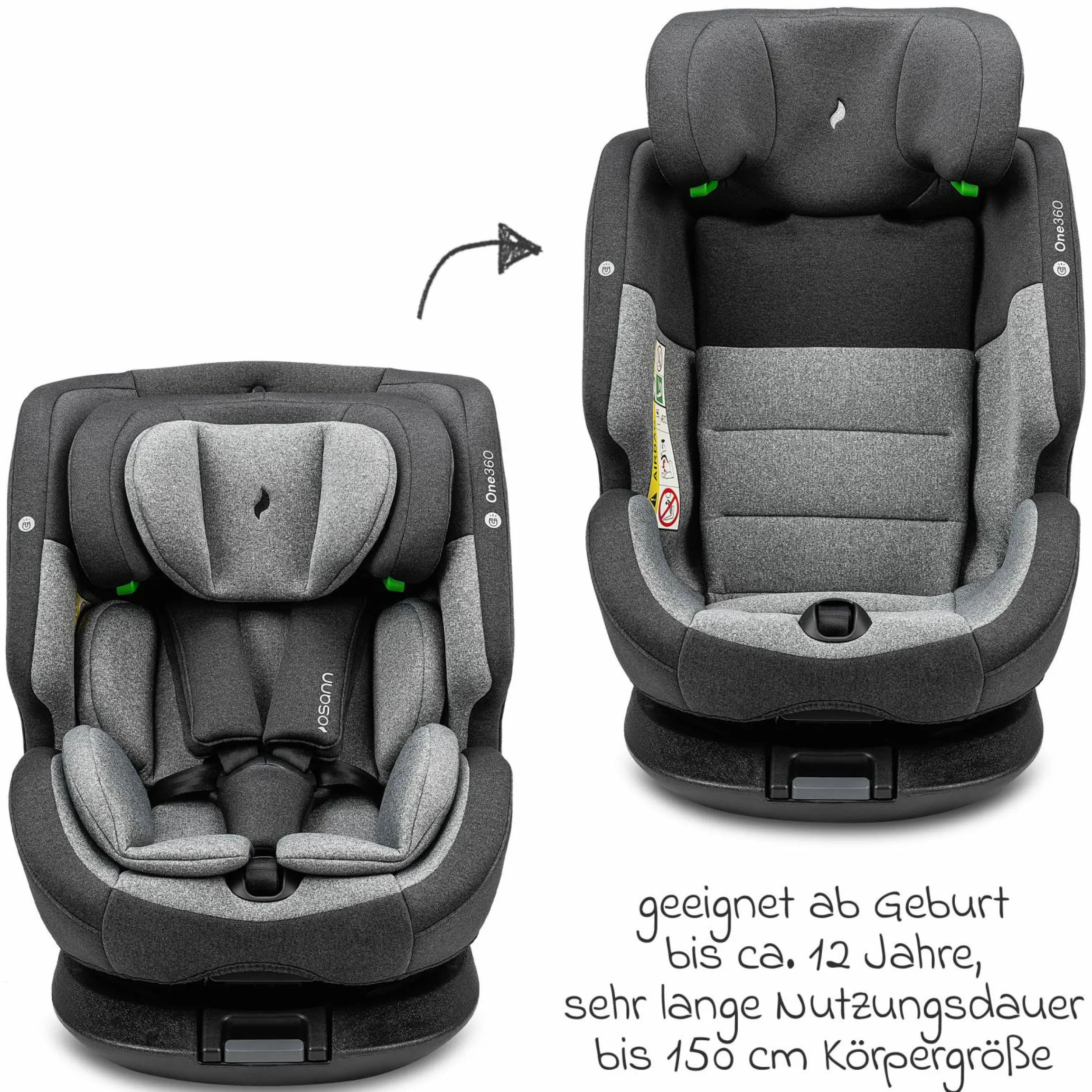 Reboarder-Kindersitz One360 i-Size ab Geburt - 12 Jahre (40 cm - 150 cm) 360° drehbar mit Isofix-Basis & Top-Tether - Universe Grey - Kollektion 2025