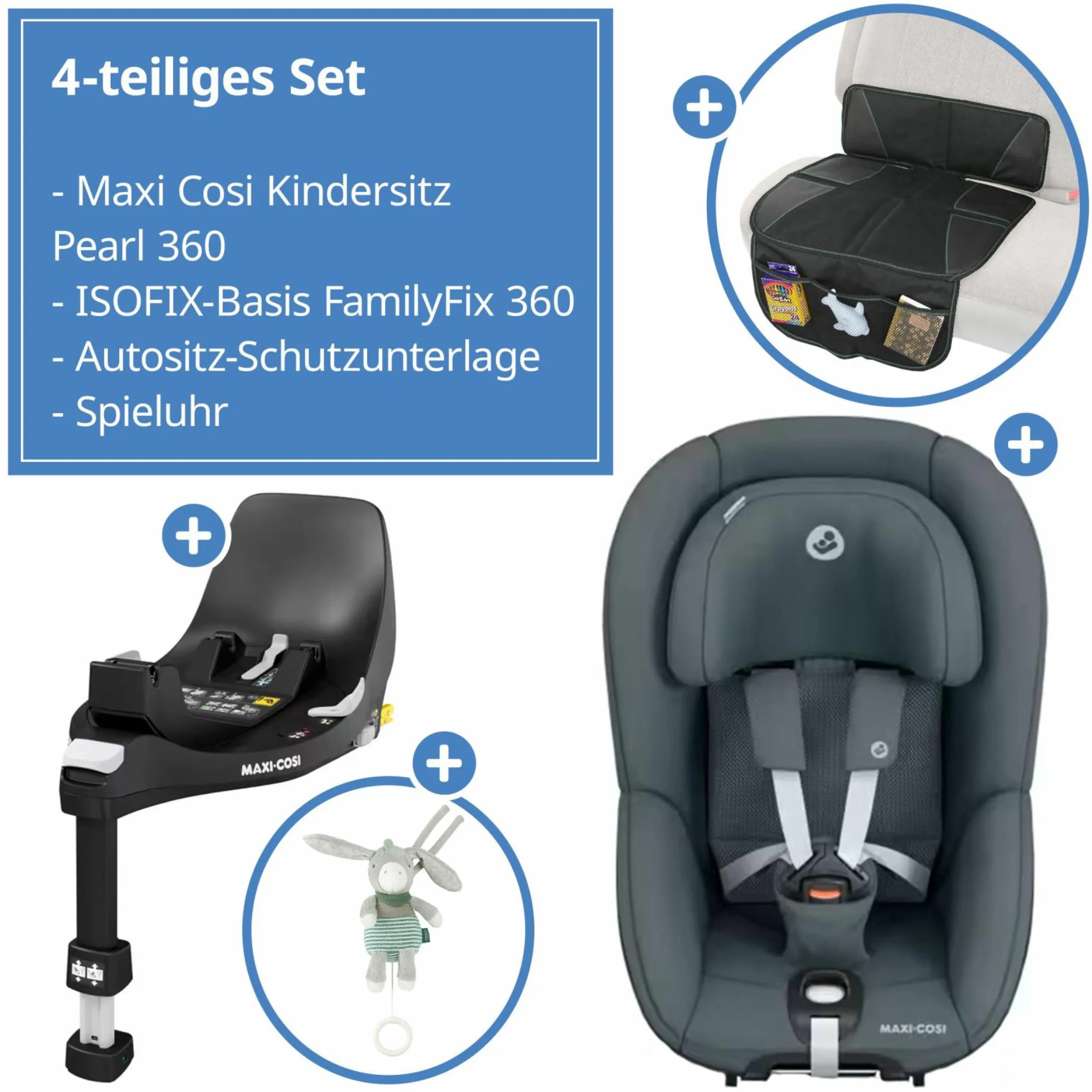 Reboarder-Kindersitz Pearl 360 drehbar ab 3 Monate - 4 Jahre (61 cm - 105 cm) 0-17,4 kg inkl. Isofix-Basis FamilyFix 360, Schutzunterlage & Spieluhr - Authentic Graphite - Kollektion 2025