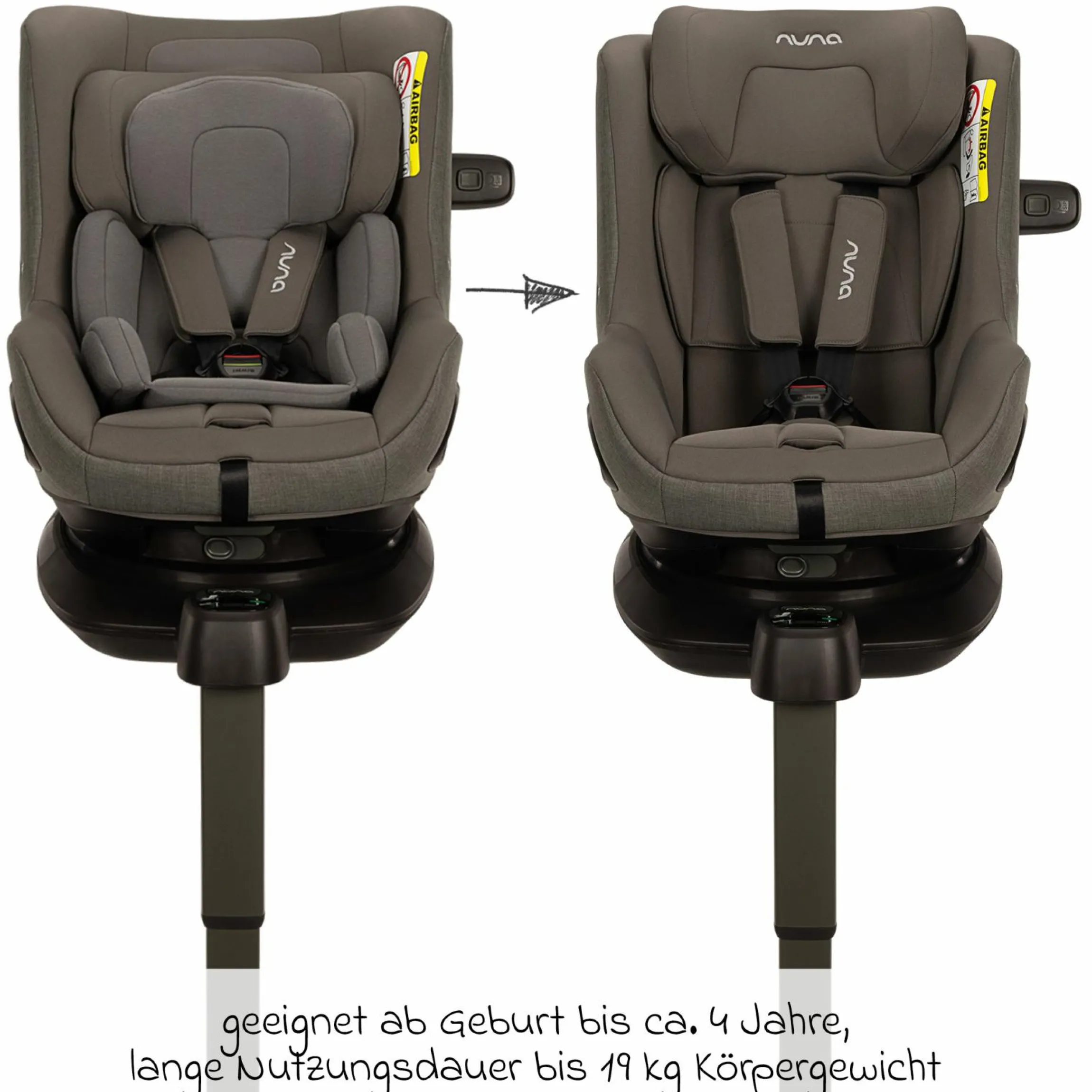 Reboarder-Kindersitz PRUU i-Size 360° drehbar ab Geburt bis 4 Jahre (40 cm - 105 cm) inkl. Basisstation & Sitzverkleinerer - Granite - Kollektion 2025