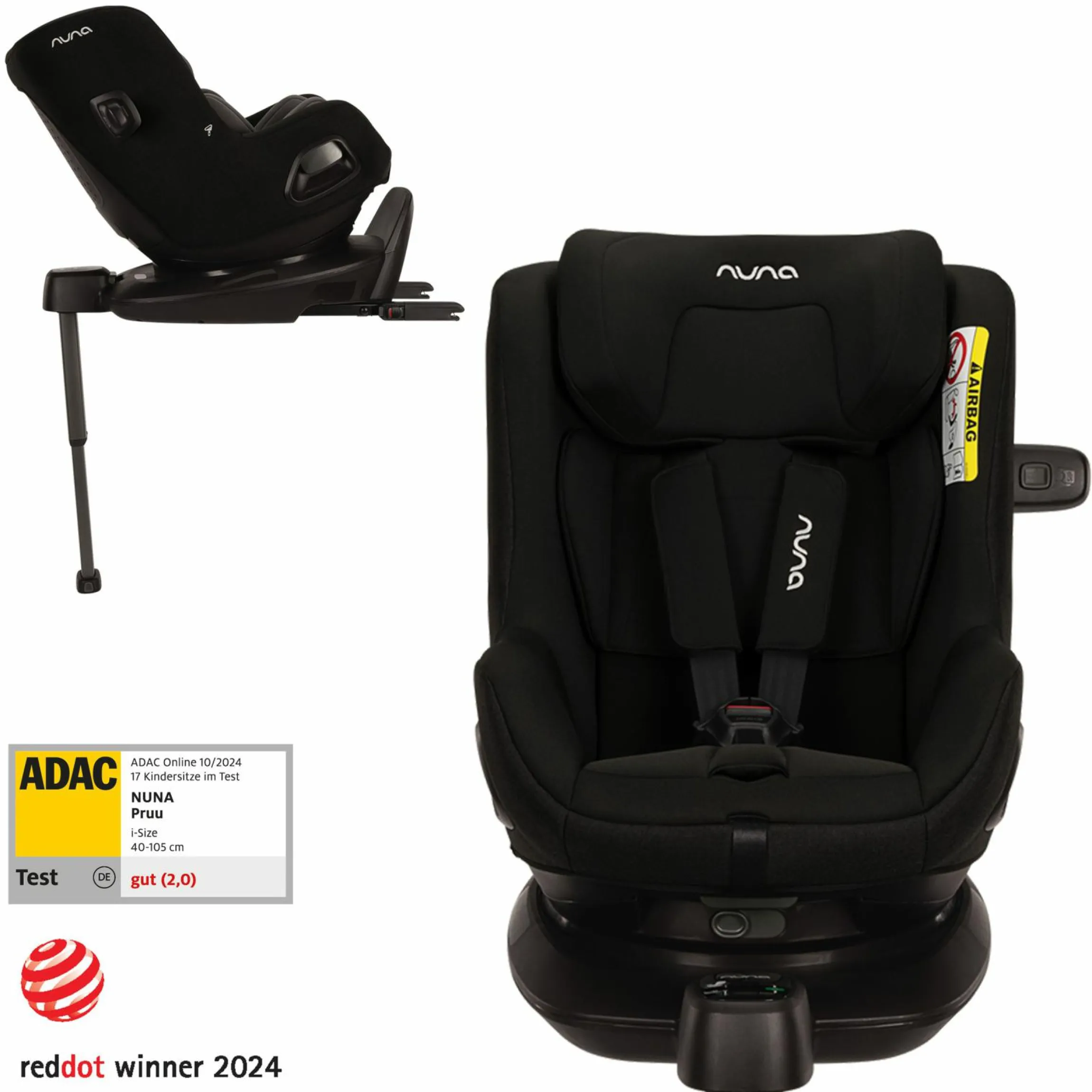 Reboarder-Kindersitz PRUU i-Size 360° drehbar ab Geburt bis 4 Jahre (40 cm - 105 cm) inkl. Basisstation & Sitzverkleinerer - Caviar - Kollektion 2025