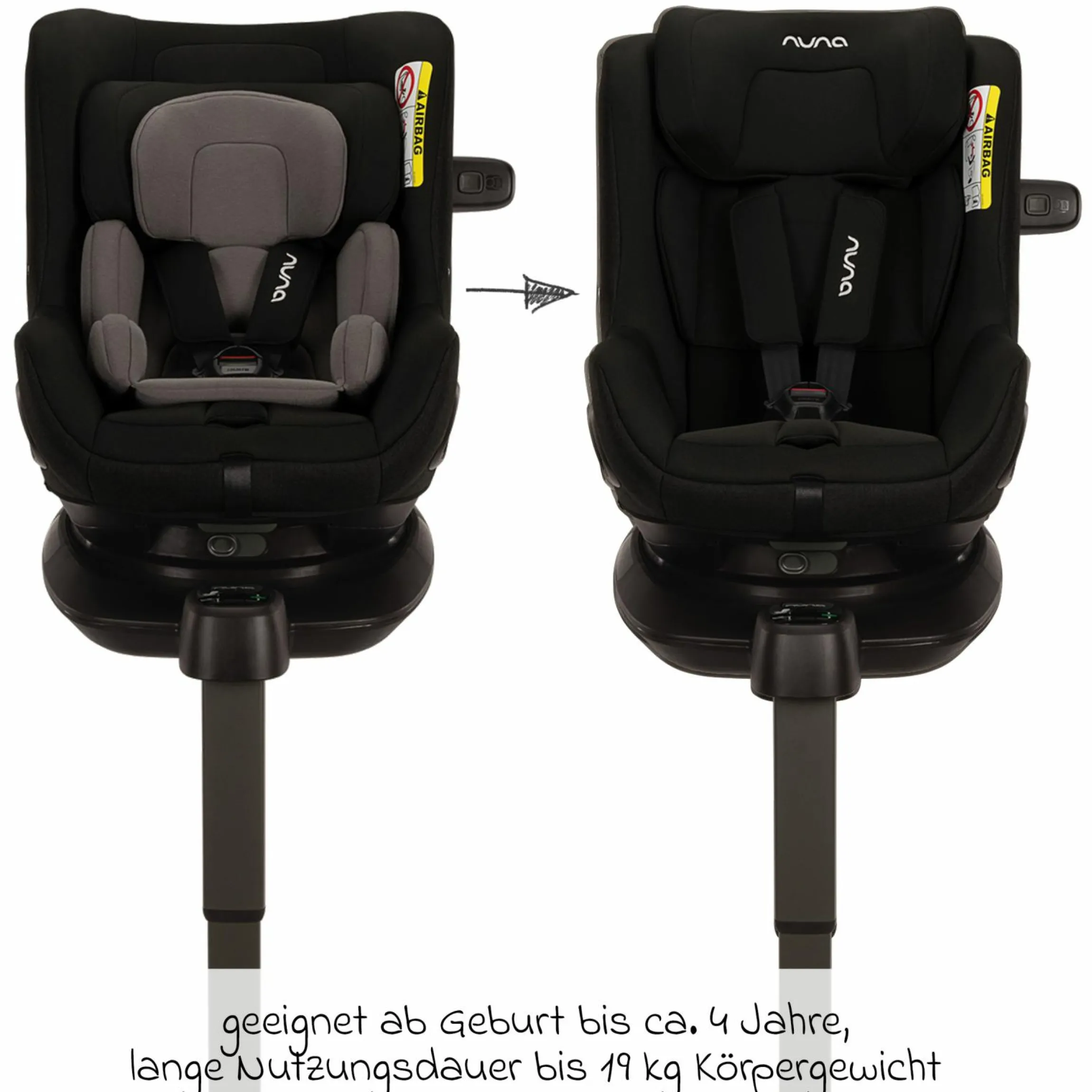 Reboarder-Kindersitz PRUU i-Size 360° drehbar ab Geburt bis 4 Jahre (40 cm - 105 cm) inkl. Basisstation & Sitzverkleinerer - Caviar - Kollektion 2025