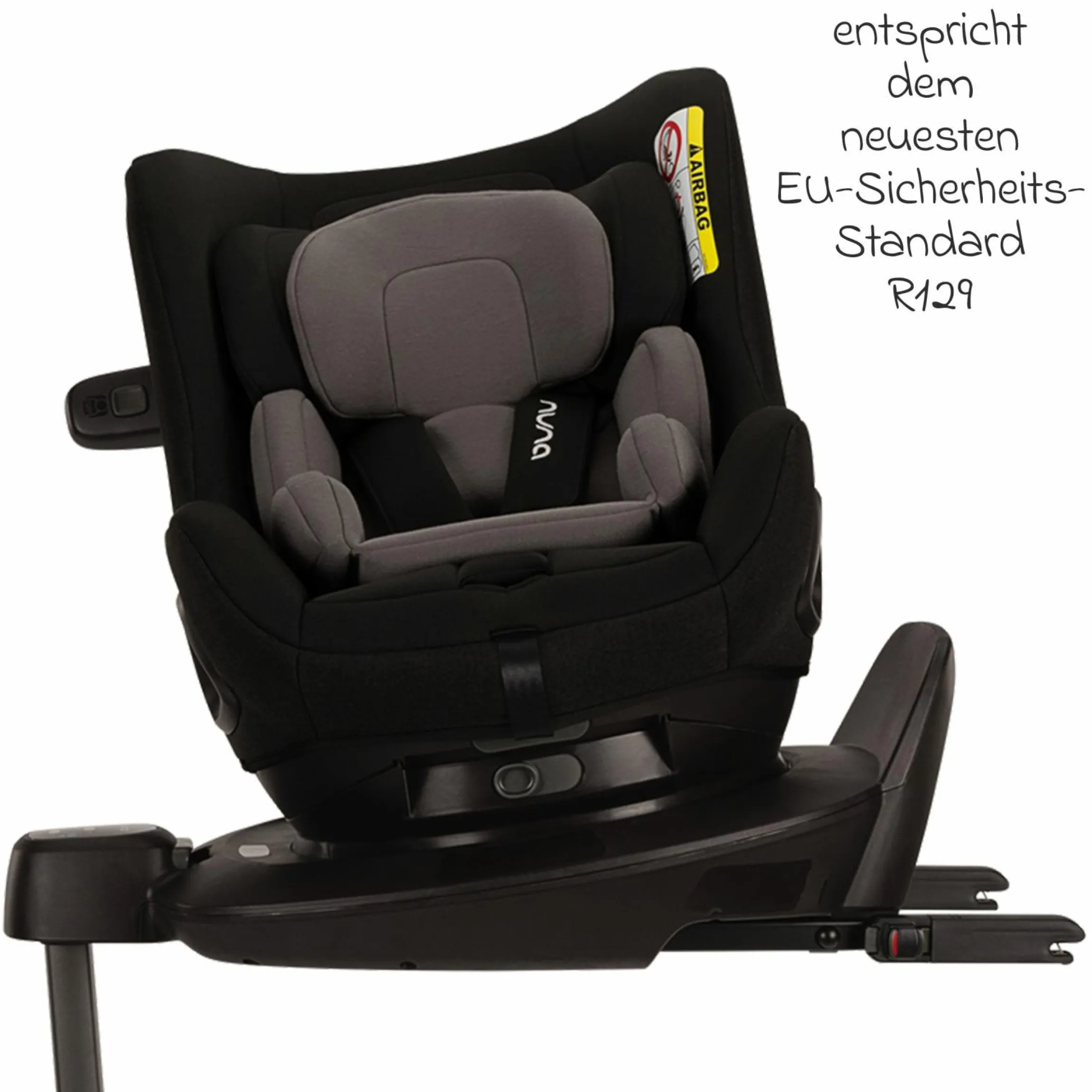 Reboarder-Kindersitz PRUU i-Size 360° drehbar ab Geburt bis 4 Jahre (40 cm - 105 cm) inkl. Basisstation & Sitzverkleinerer - Caviar - Kollektion 2025