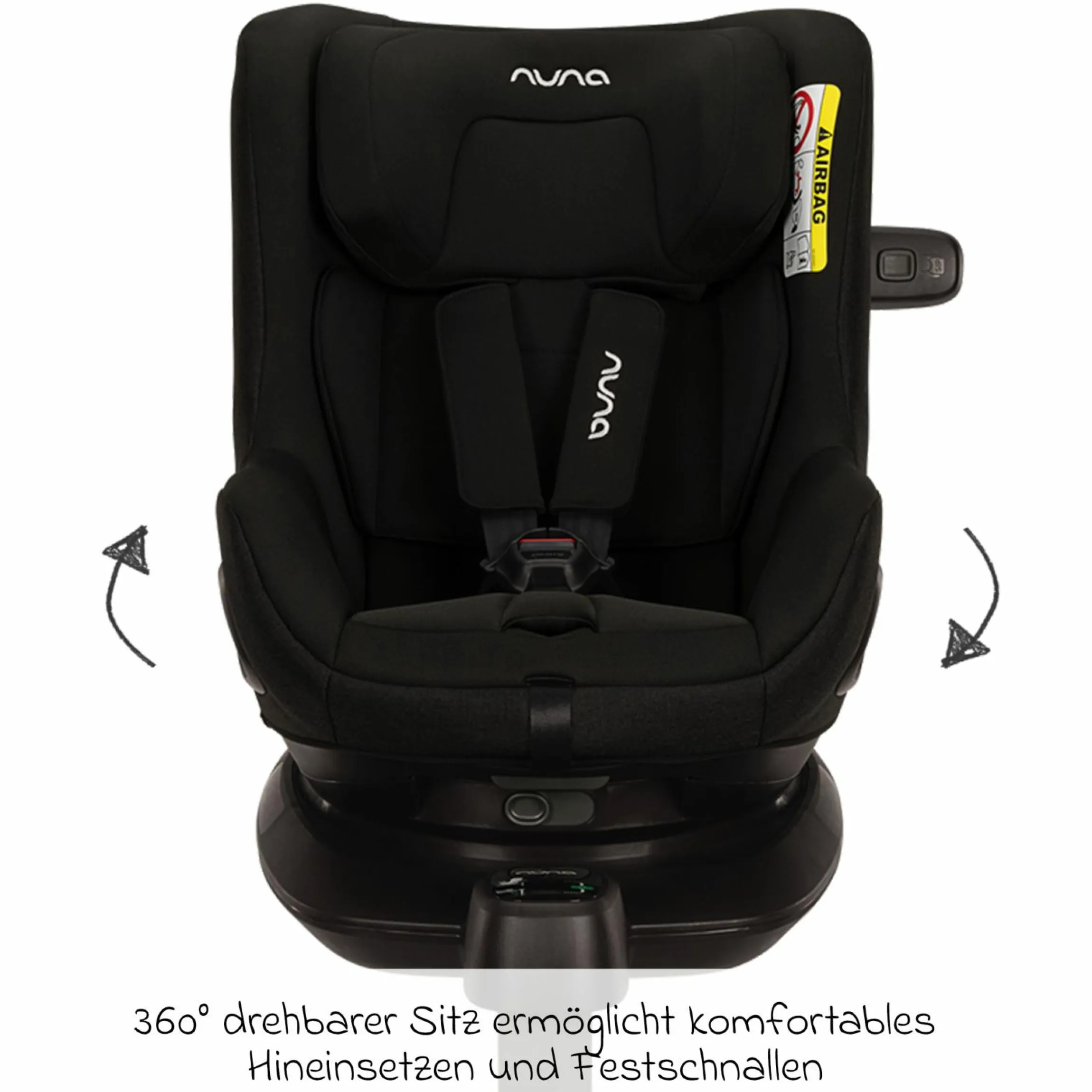 Reboarder-Kindersitz PRUU i-Size 360° drehbar ab Geburt bis 4 Jahre (40 cm - 105 cm) inkl. Basisstation & Sitzverkleinerer - Caviar - Kollektion 2025