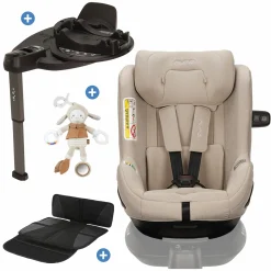 Reboarder-Kindersitz TODL next i-Size 360° inkl. Base Curve drehbar ab Geburt bis 4 Jahre (40 cm - 105 cm) mit Sitzverkleinerer, Polsterschutz & Spieltier - Biscotti