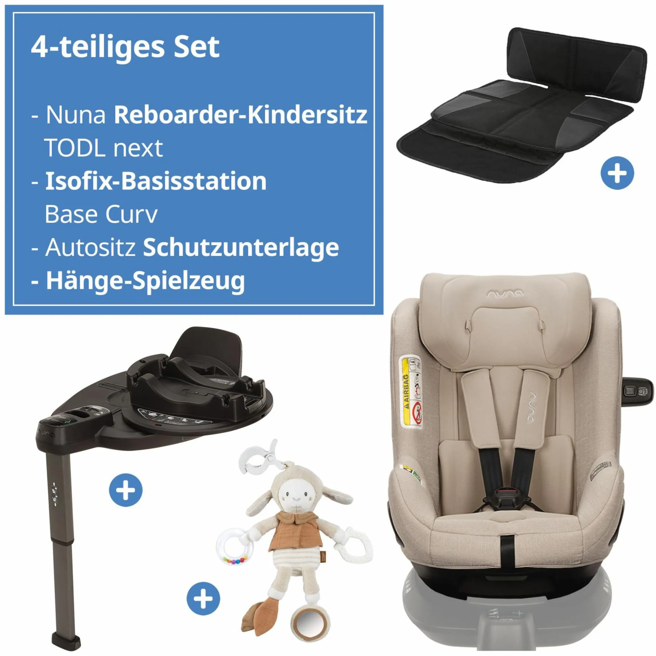 Reboarder-Kindersitz TODL next i-Size 360° inkl. Base Curve drehbar ab Geburt bis 4 Jahre (40 cm - 105 cm) mit Sitzverkleinerer, Polsterschutz & Spieltier - Biscotti