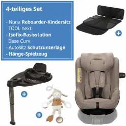 Reboarder-Kindersitz TODL next i-Size 360° inkl. Base Curve drehbar ab Geburt bis 4 Jahre (40 cm - 105 cm) mit Sitzverkleinerer, Polsterschutz & Spieltier - Cedar