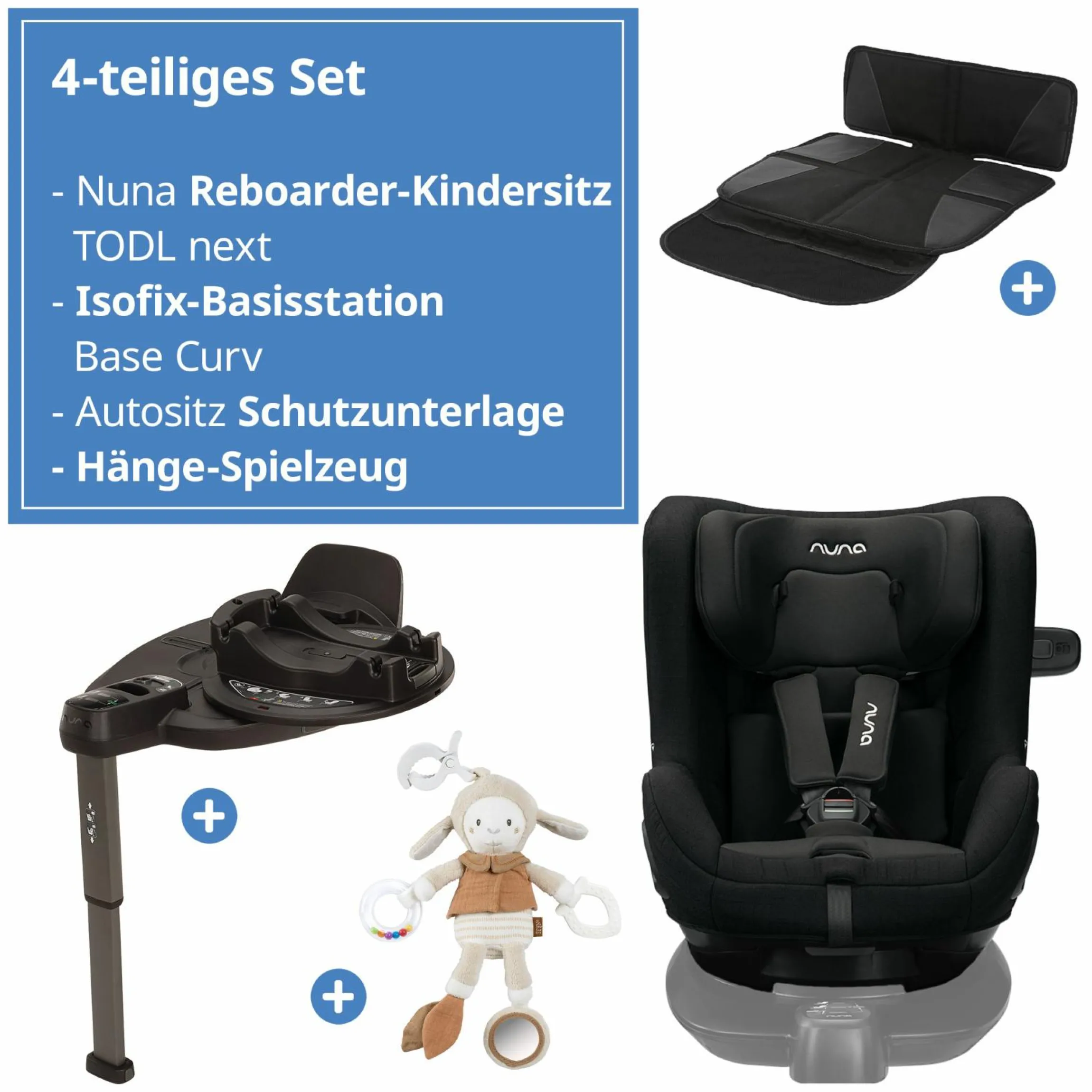 Reboarder-Kindersitz TODL next i-Size 360° inkl. Base Curve drehbar ab Geburt bis 4 Jahre (40 cm - 105 cm) mit Sitzverkleinerer, Polsterschutz & Spieltier - Caviar