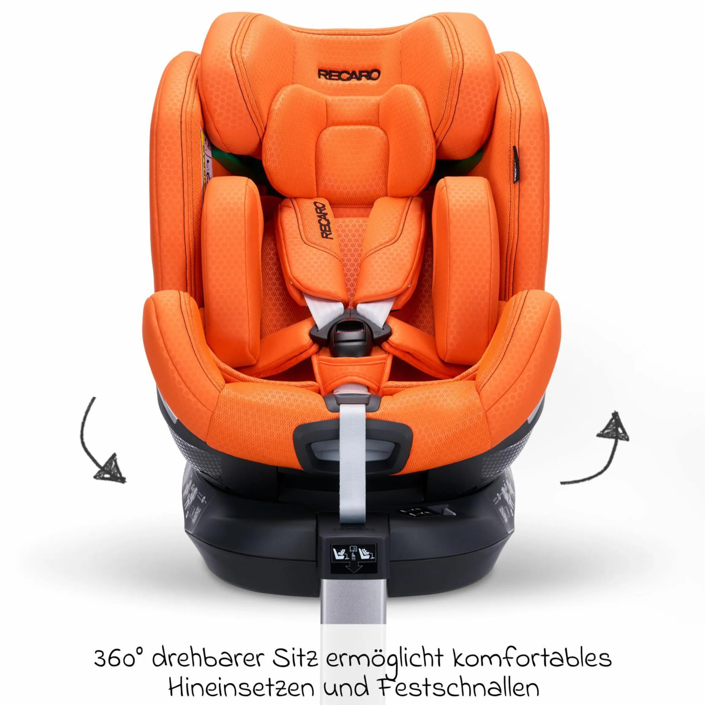 Reboard-Kindersitz Xenon 1 drehbar ab Geburt - 7 Jahre (40 cm - 125 cm) mit Sitzverkleinerer inkl. Isofix-Basis mit Stützfuß - Vibrant Orange
