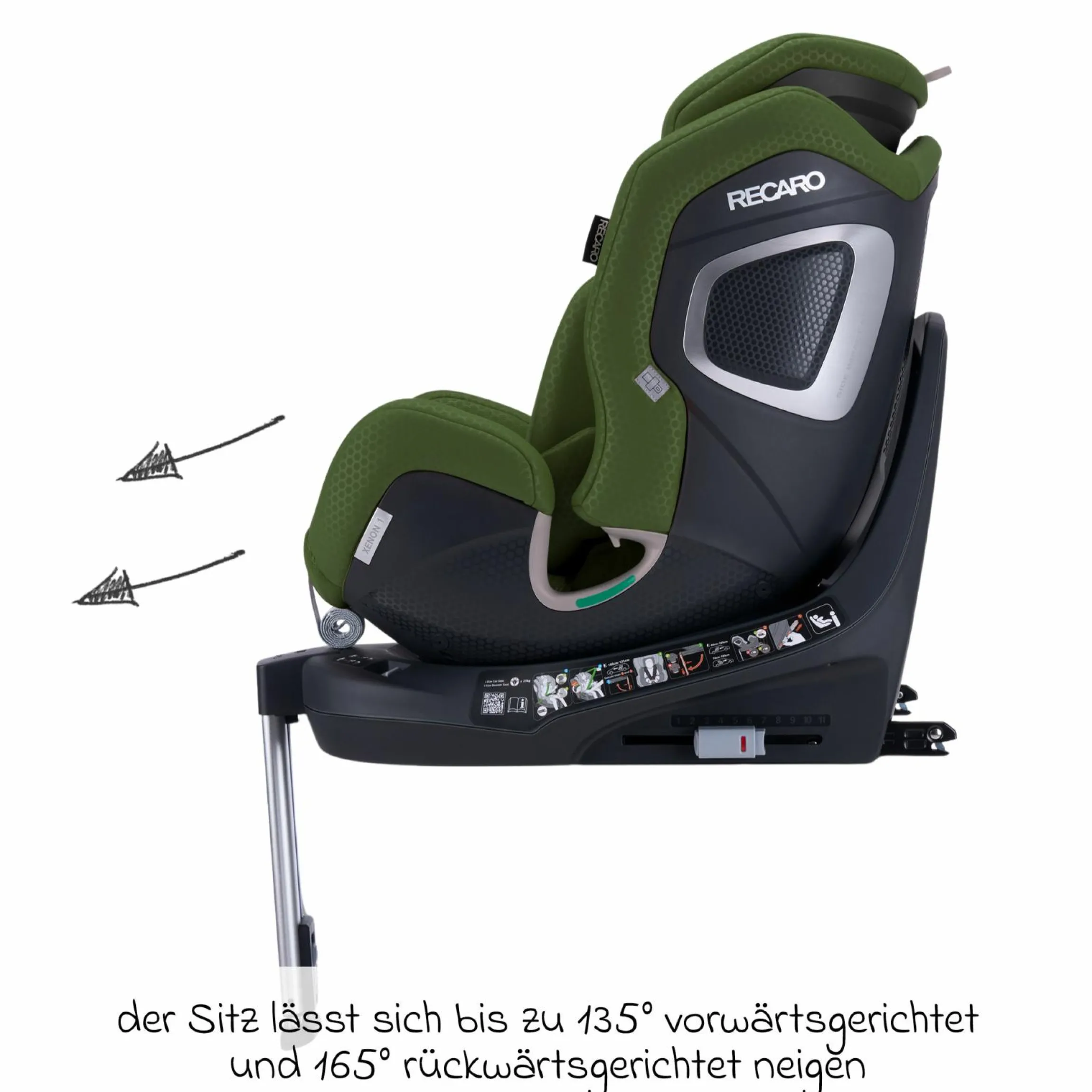 Reboard-Kindersitz Xenon 1 drehbar ab Geburt - 7 Jahre (40 cm - 125 cm) mit Sitzverkleinerer inkl. Isofix-Basis mit Stützfuß - Epic Green