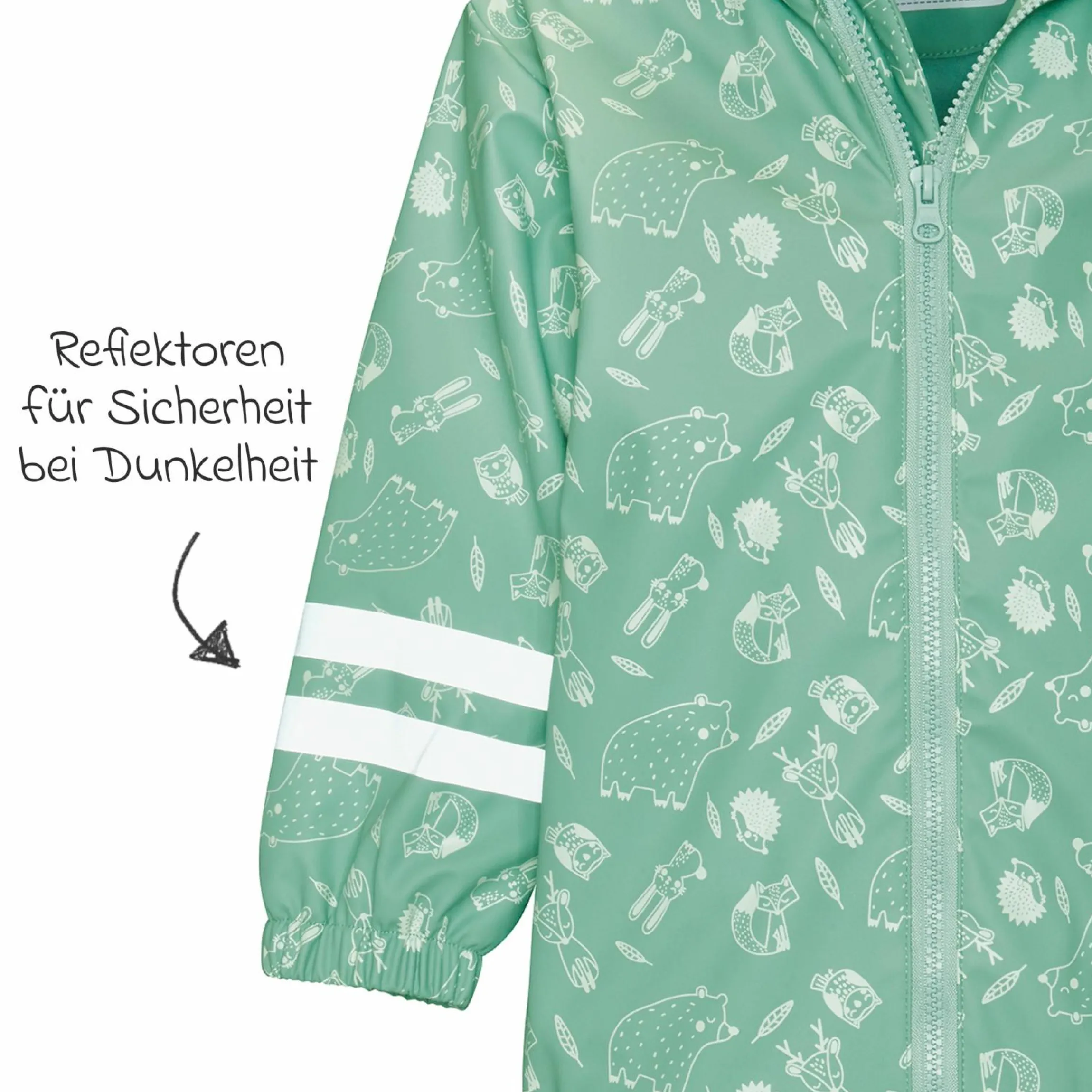 Regen-Jacke mit Reflektoren & Fleecefutter - Waldtiere - Grün - Gr. 80