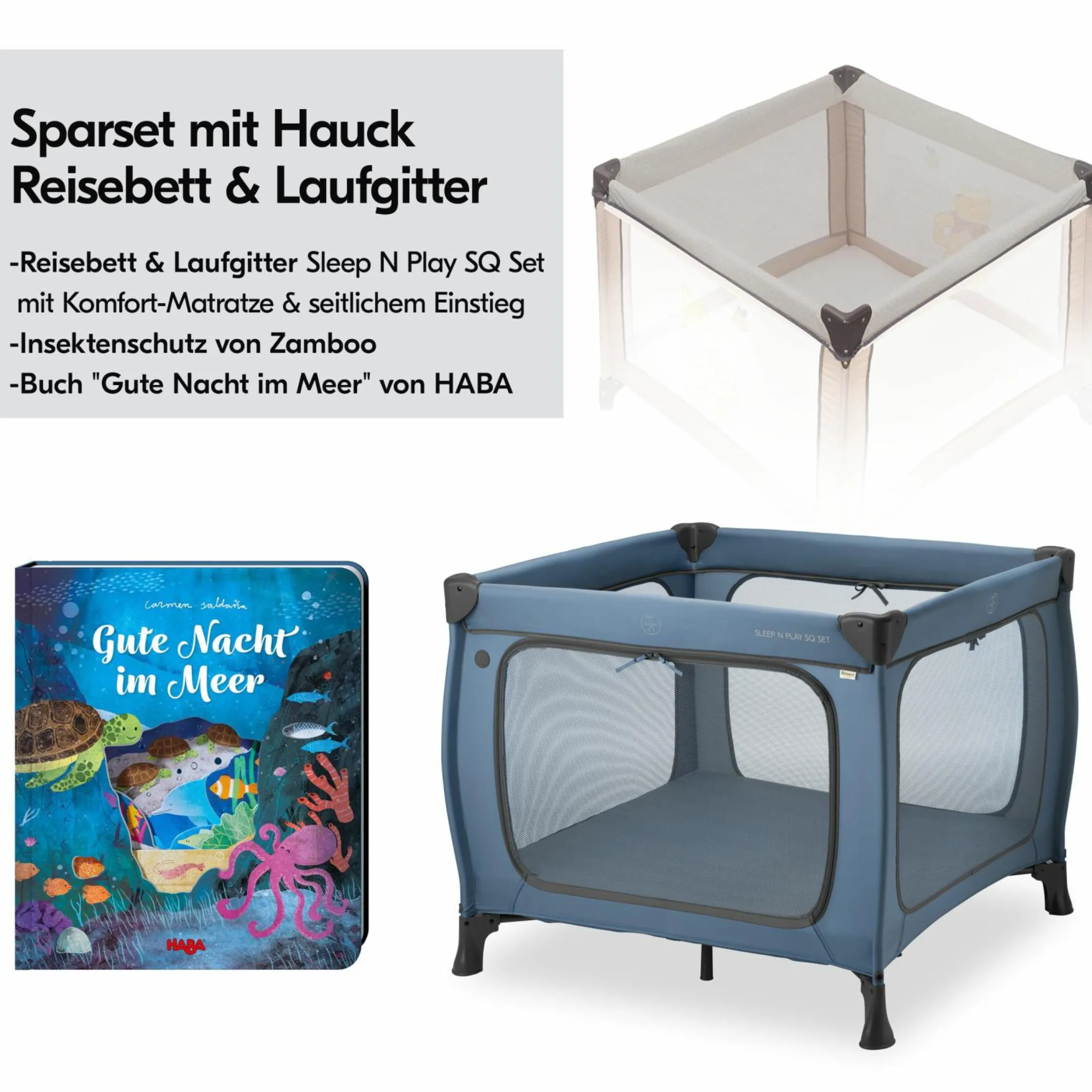 Reisebett & Laufgitter Sleep N Play SQ Set mit Komfort-Matratze + Insektenschutz + Buch "Gute Nacht im Meer" - Dark Blue