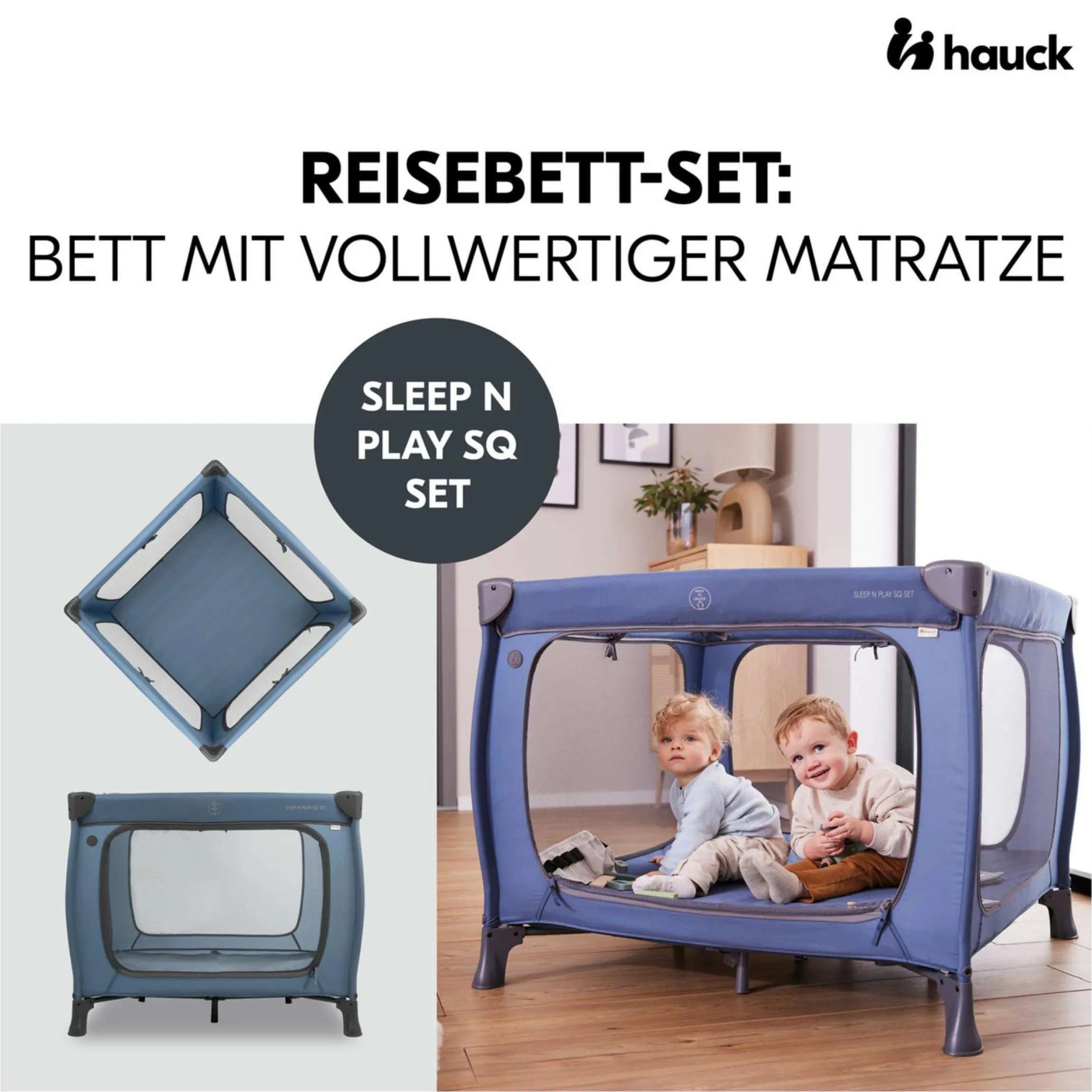 Reisebett & Laufgitter Sleep N Play SQ Set mit Komfort-Matratze + Insektenschutz + Buch "Gute Nacht im Meer" - Dark Blue
