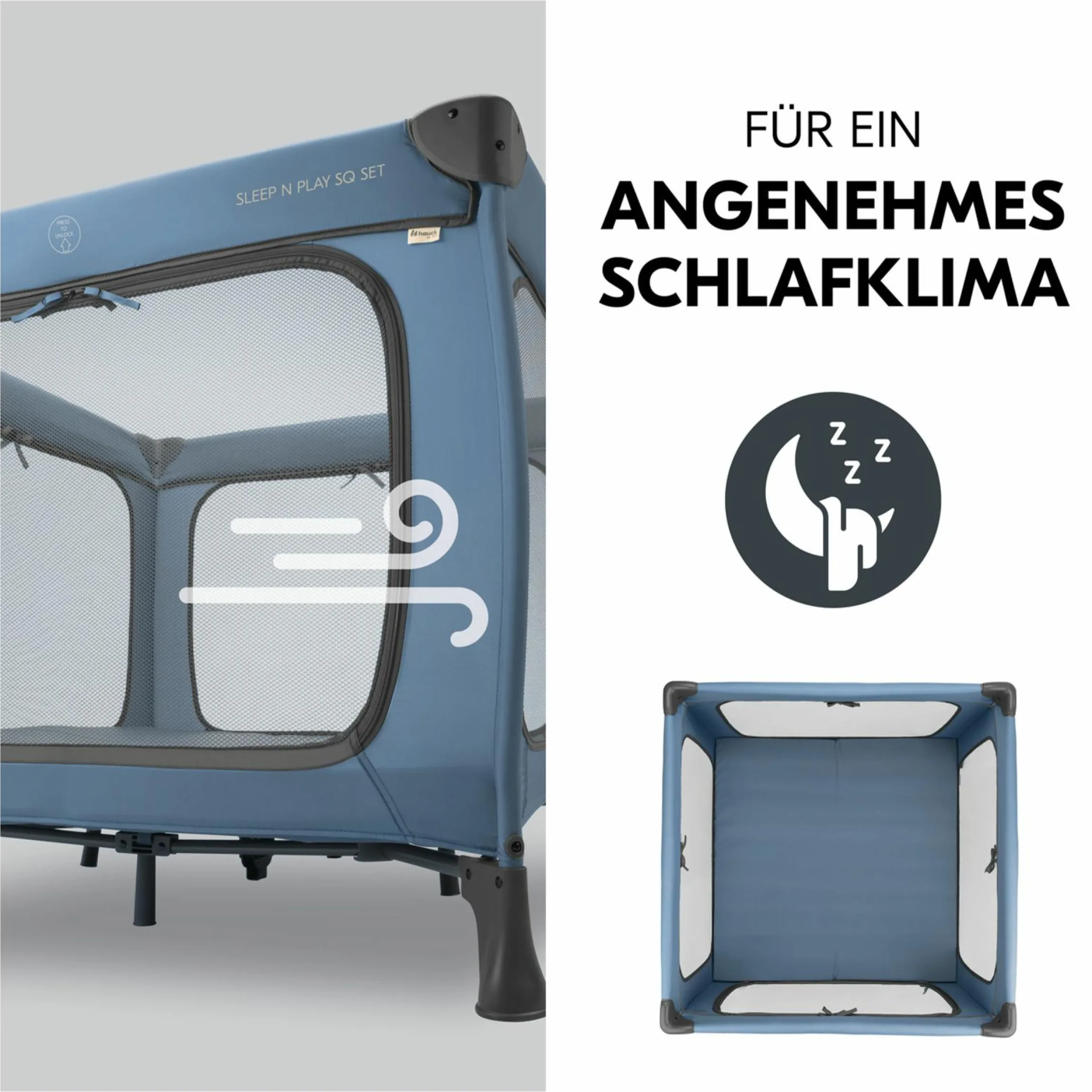 Reisebett & Laufgitter Sleep N Play SQ Set mit Komfort-Matratze + Insektenschutz + Buch "Gute Nacht im Meer" - Dark Blue