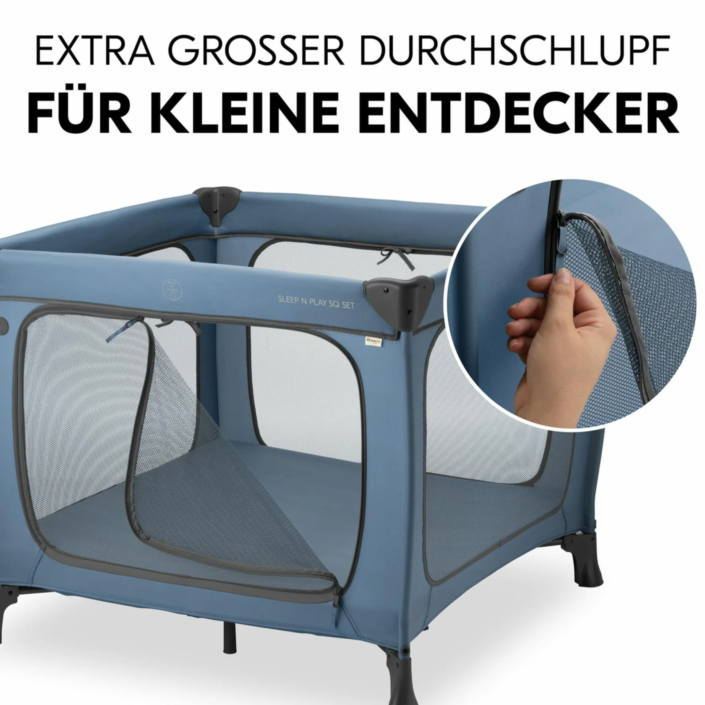 Reisebett & Laufgitter Sleep N Play SQ Set mit Komfort-Matratze + Insektenschutz + Buch "Gute Nacht im Meer" - Dark Blue