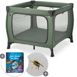 Reisebett & Laufgitter Sleep N Play SQ Set mit Komfort-Matratze + Insektenschutz + Buch "Gute Nacht im Meer" - Dark Green