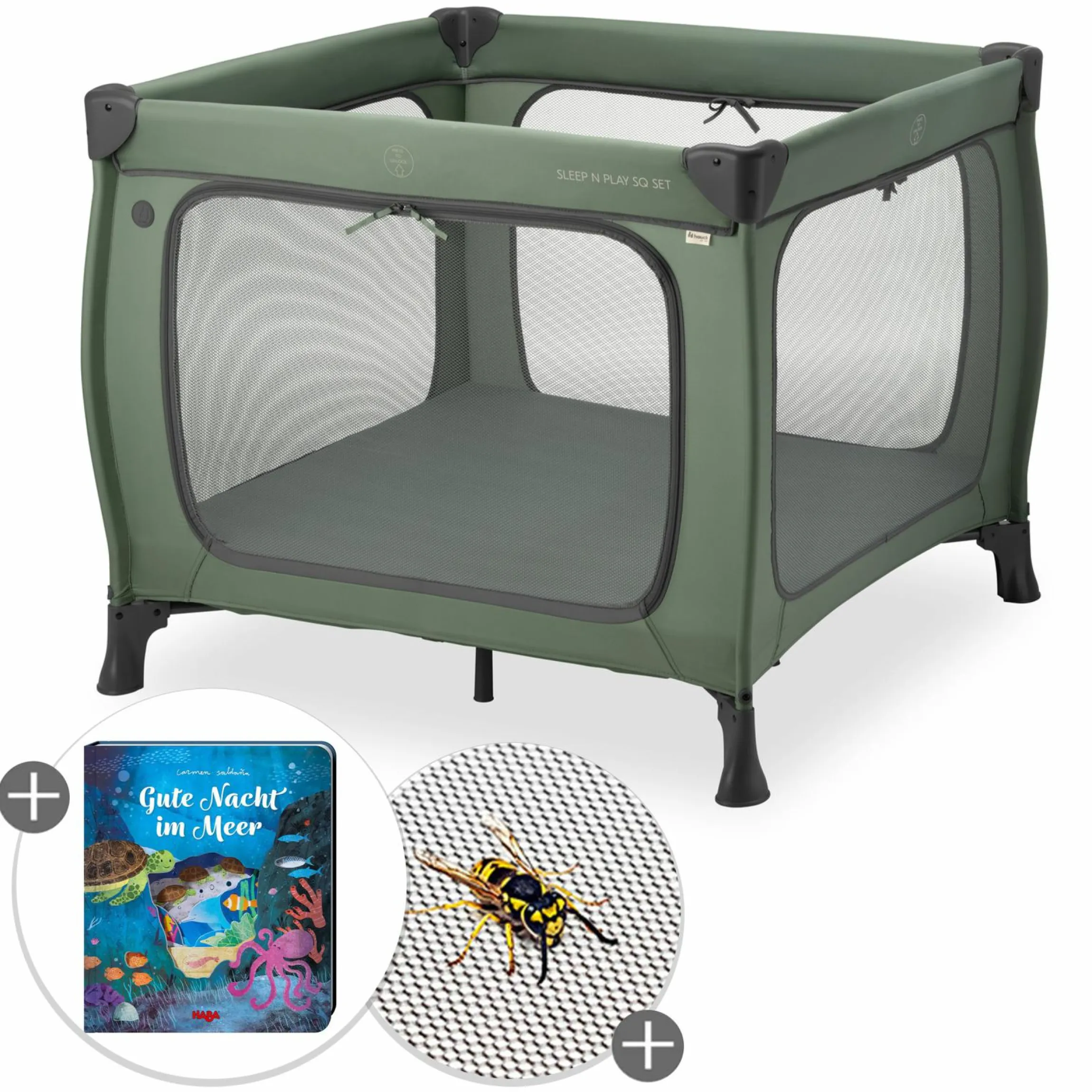 Reisebett & Laufgitter Sleep N Play SQ Set mit Komfort-Matratze + Insektenschutz + Buch "Gute Nacht im Meer" - Dark Green