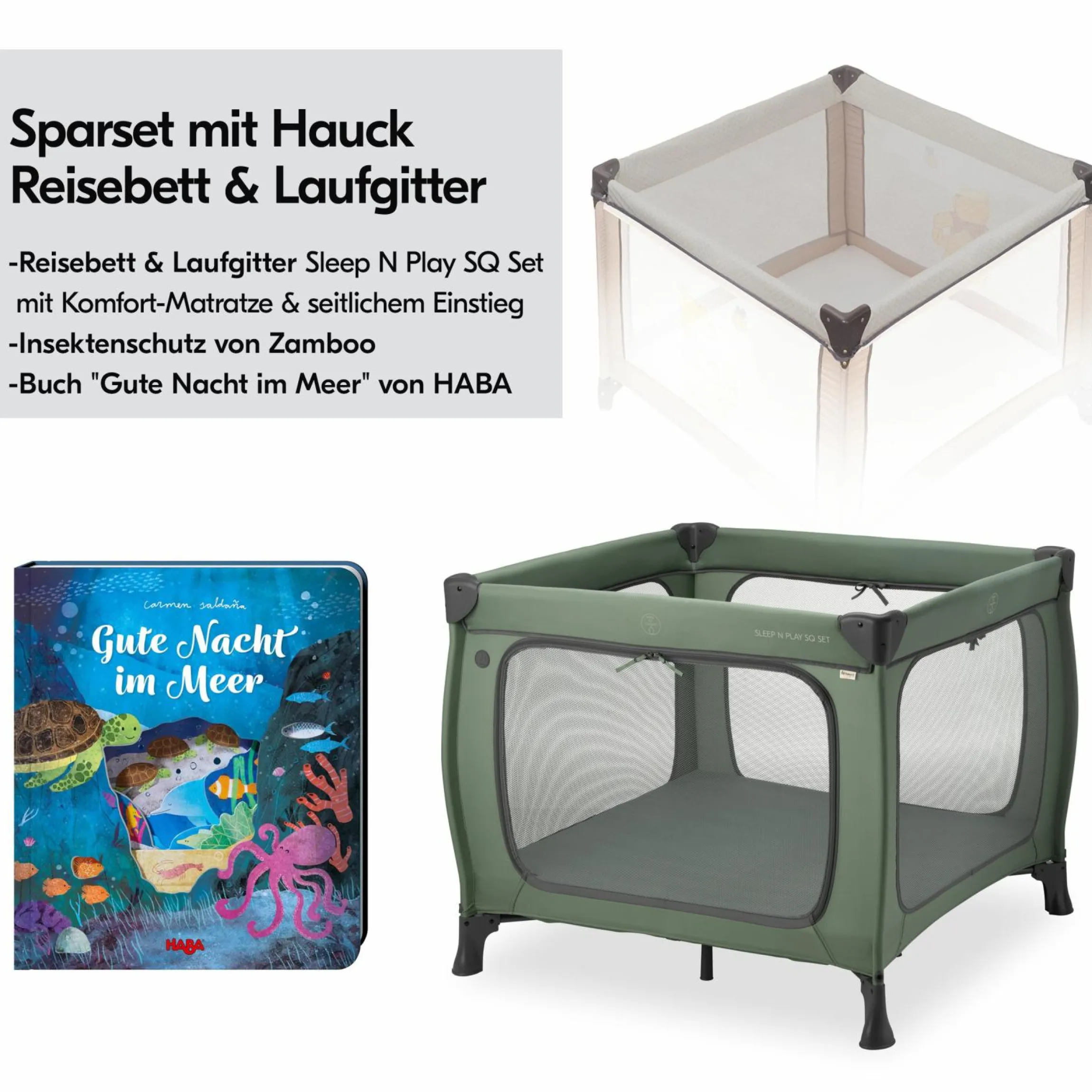 Reisebett & Laufgitter Sleep N Play SQ Set mit Komfort-Matratze + Insektenschutz + Buch "Gute Nacht im Meer" - Dark Green