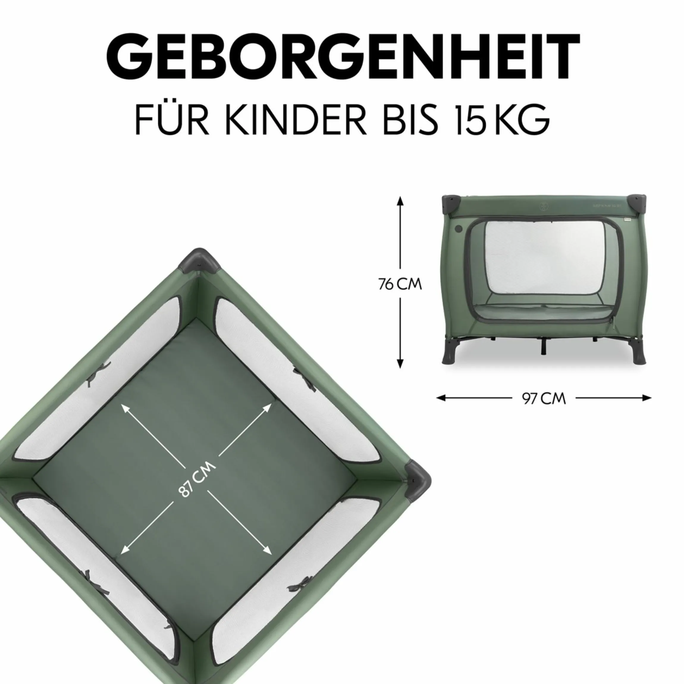 Reisebett & Laufgitter Sleep N Play SQ Set mit Komfort-Matratze + Insektenschutz + Buch "Gute Nacht im Meer" - Dark Green