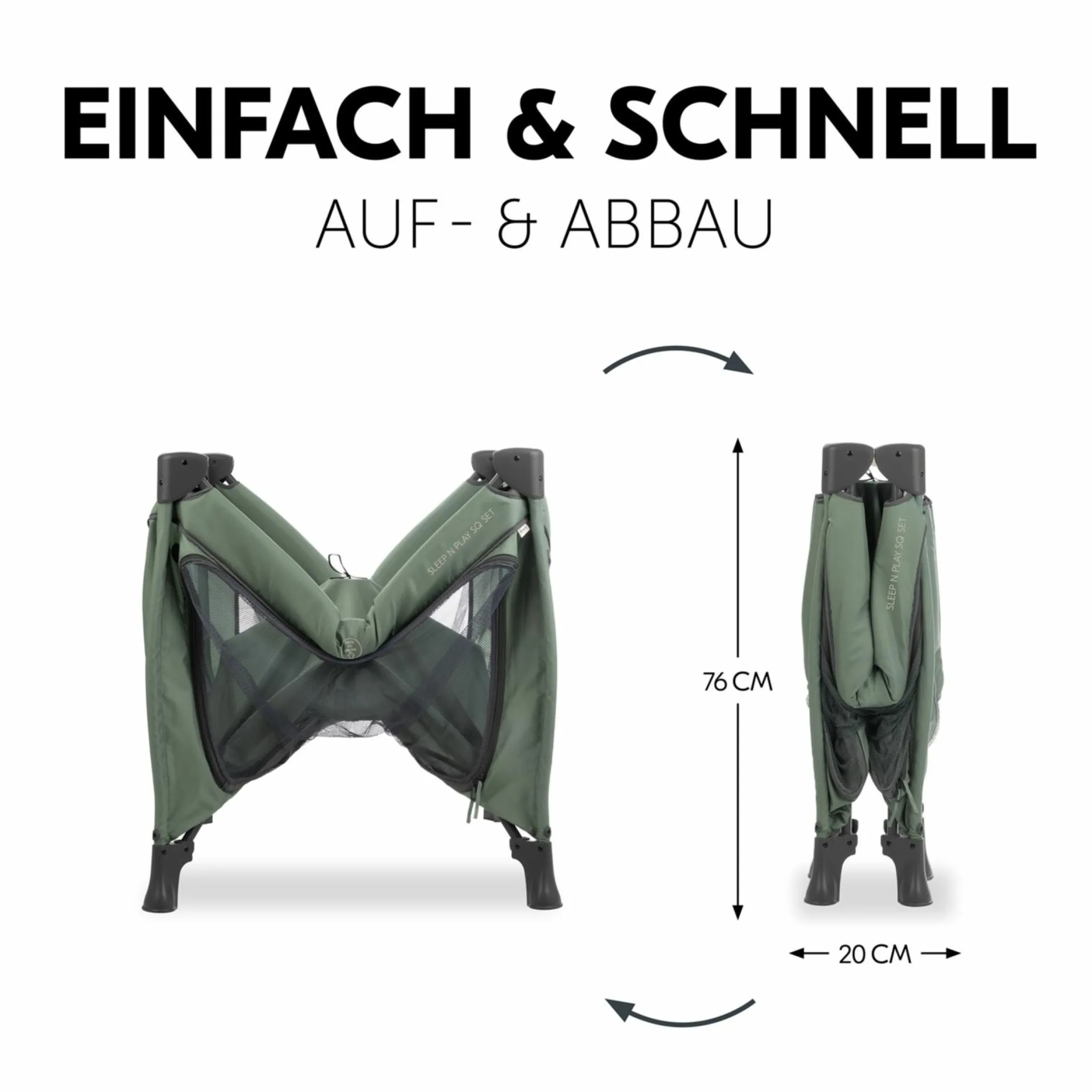 Reisebett & Laufgitter Sleep N Play SQ Set mit Komfort-Matratze + Insektenschutz + Buch "Gute Nacht im Meer" - Dark Green