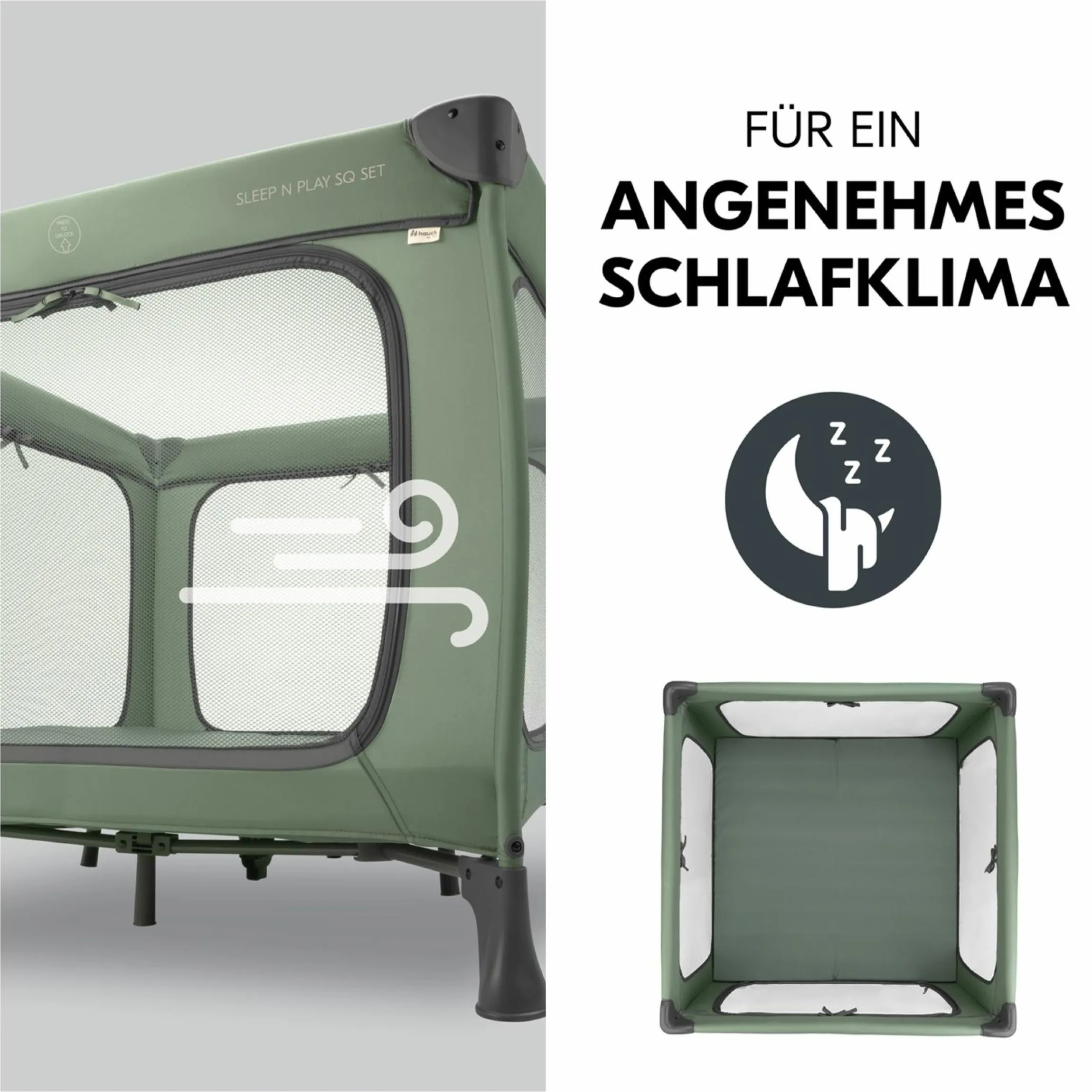Reisebett & Laufgitter Sleep N Play SQ Set mit Komfort-Matratze + Insektenschutz + Buch "Gute Nacht im Meer" - Dark Green