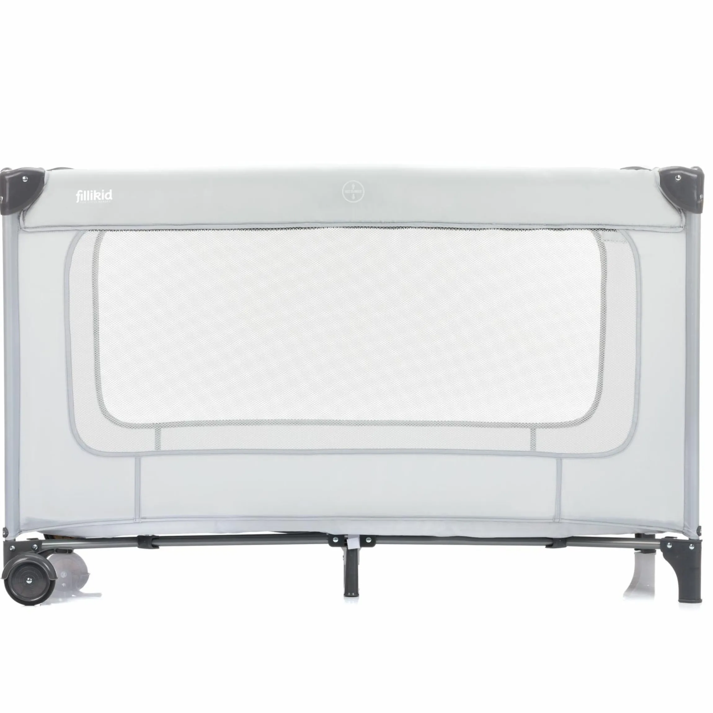 Reisebett Capri ab Geburt - 15 kg mit verstellbarem Einhang, 2 Räder, Einstieg, Wickeauflage , Windelablage, Mobile & Tragetasche - Hellgrau