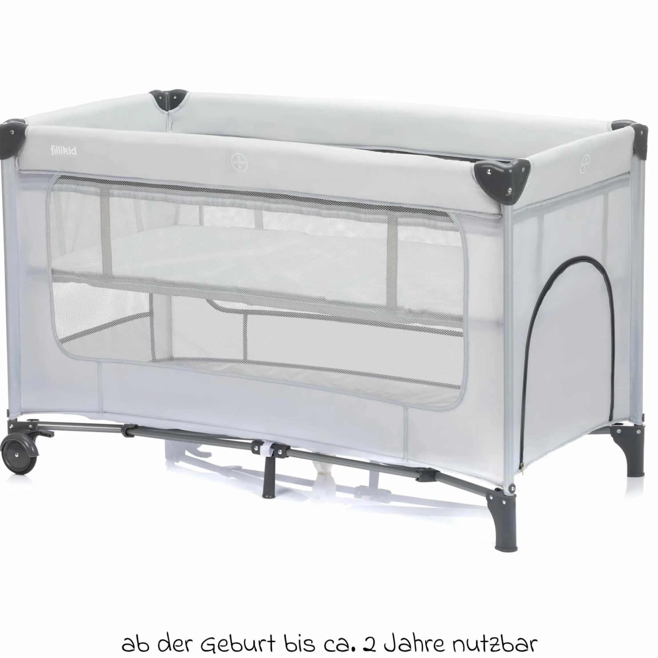 Reisebett Capri ab Geburt - 15 kg mit verstellbarem Einhang, 2 Räder, Einstieg, Wickeauflage , Windelablage, Mobile & Tragetasche - Hellgrau