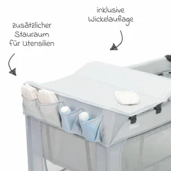 Reisebett Capri ab Geburt - 15 kg mit verstellbarem Einhang, 2 Räder, Einstieg, Wickeauflage , Windelablage, Mobile & Tragetasche - Hellgrau