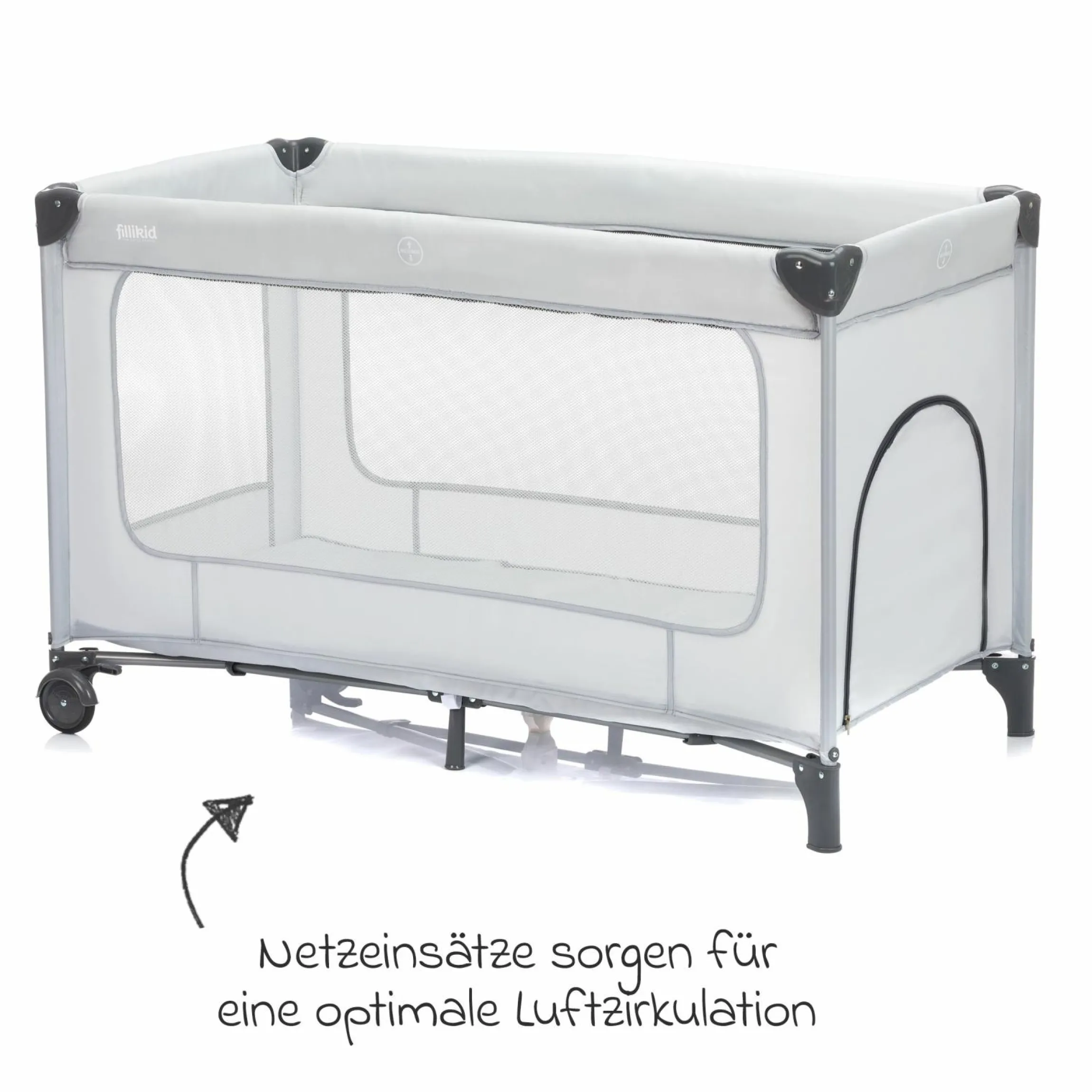 Reisebett Capri ab Geburt - 15 kg mit verstellbarem Einhang, 2 Räder, Einstieg, Wickeauflage , Windelablage, Mobile & Tragetasche - Hellgrau