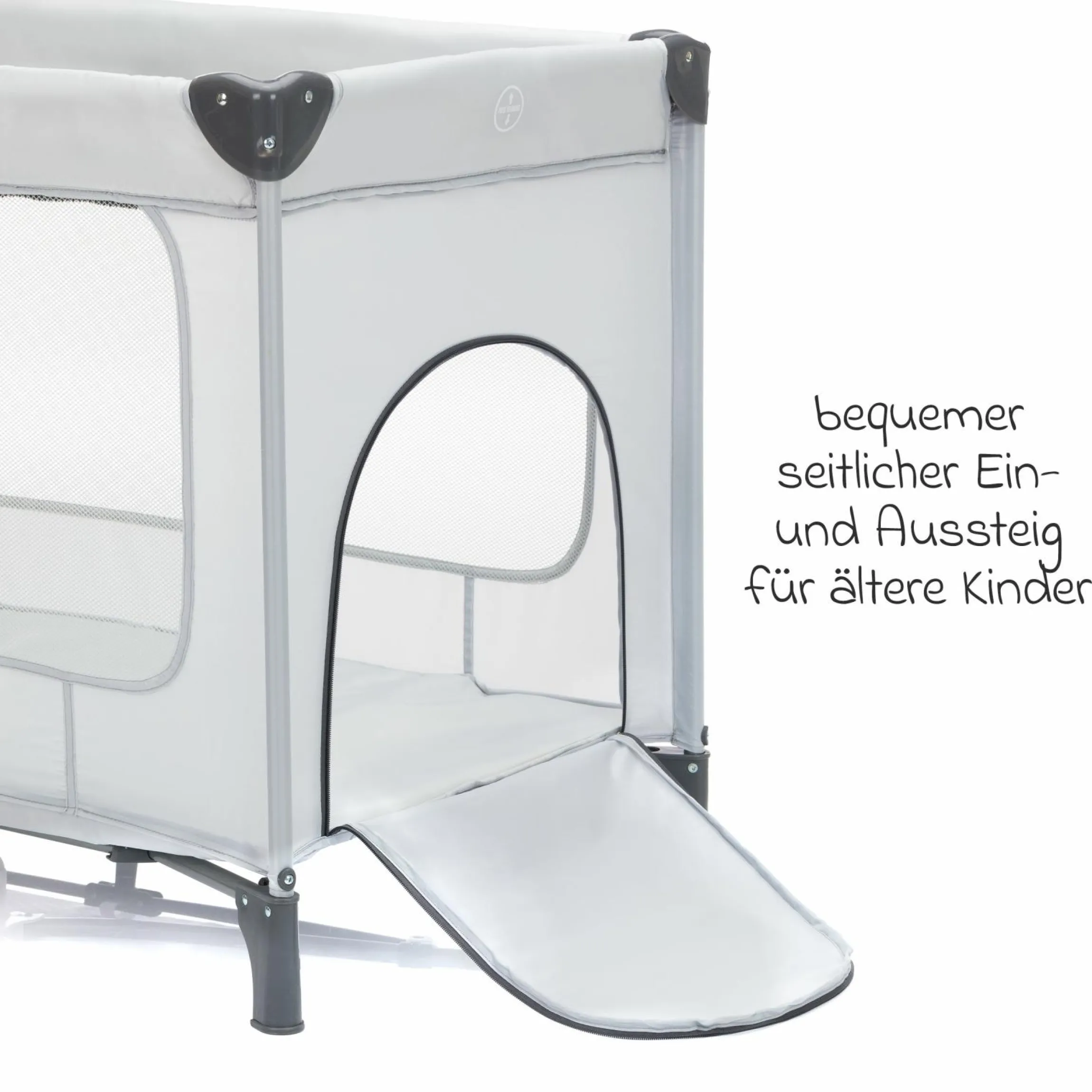 Reisebett Capri ab Geburt - 15 kg mit verstellbarem Einhang, 2 Räder, Einstieg, Wickeauflage , Windelablage, Mobile & Tragetasche - Hellgrau