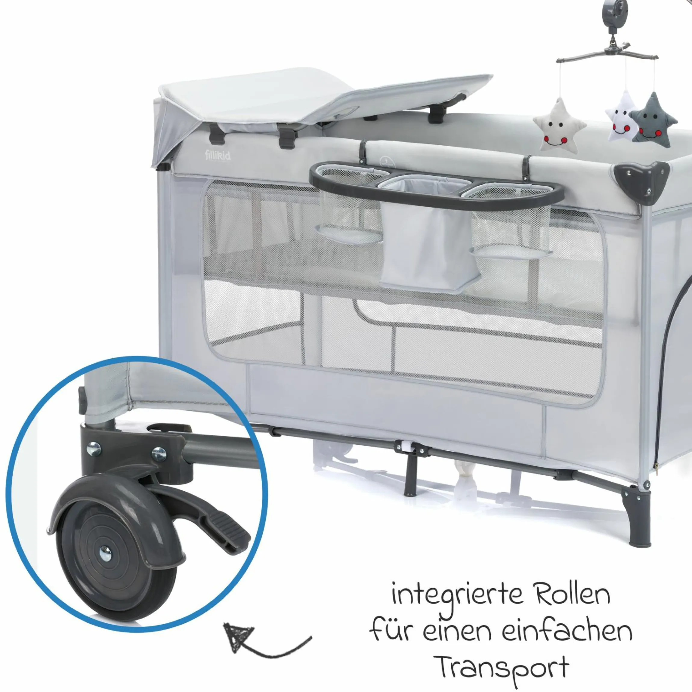 Reisebett Capri ab Geburt - 15 kg mit verstellbarem Einhang, 2 Räder, Einstieg, Wickeauflage , Windelablage, Mobile & Tragetasche - Hellgrau