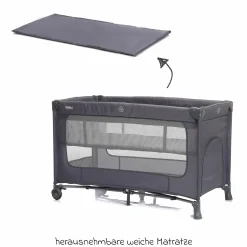 Reisebett Capri ab Geburt - 15 kg mit verstellbarem Einhang, 2 Räder, Einstieg, Wickelauflage, Windelablage, Mobile & Tragetasche - Dunkelgrau - Kollektion 2025