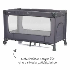Reisebett Capri ab Geburt - 15 kg mit verstellbarem Einhang, 2 Räder, Einstieg, Wickelauflage, Windelablage, Mobile & Tragetasche - Dunkelgrau - Kollektion 2025