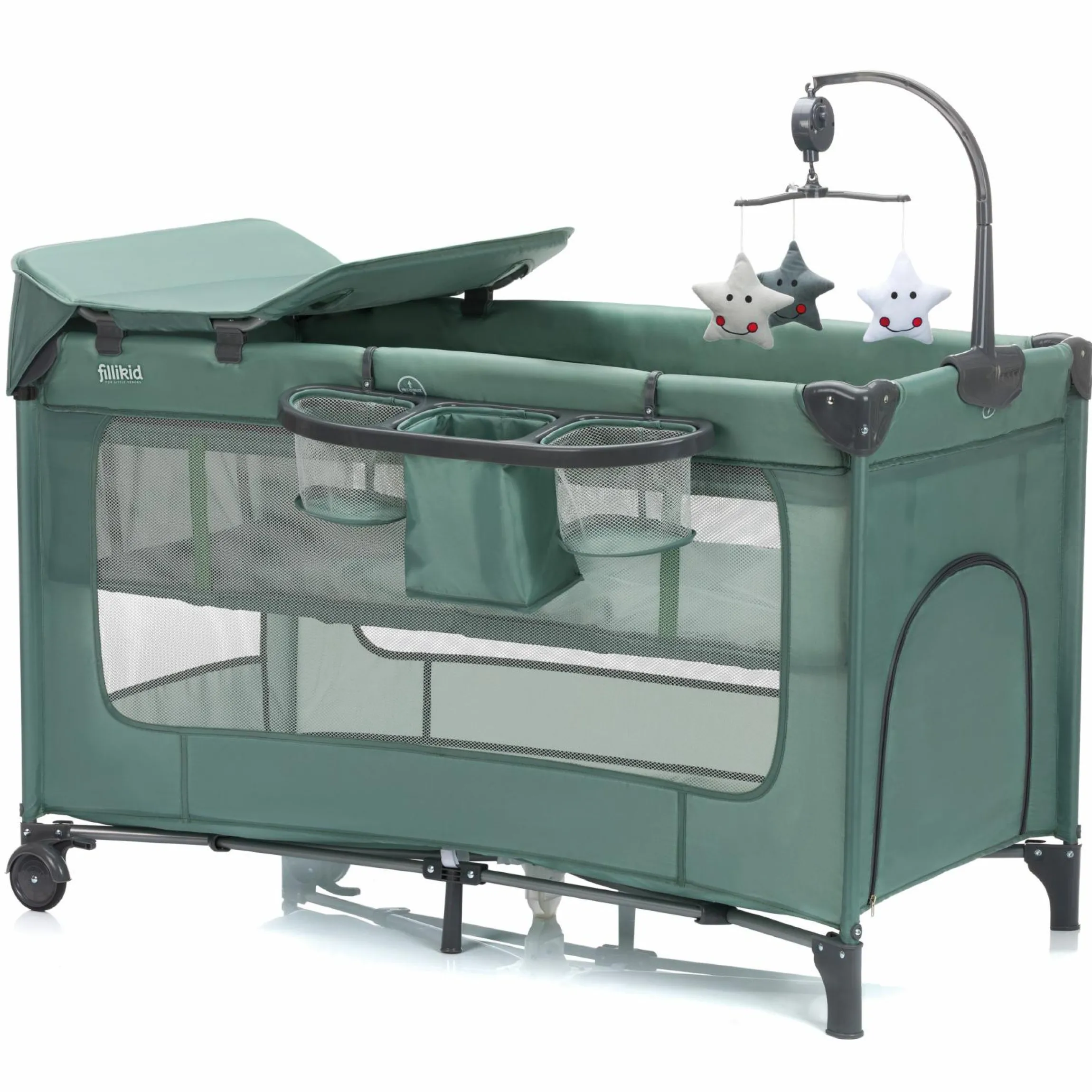 Reisebett Capri ab Geburt - 15 kg mit verstellbarem Einhang, 2 Räder, Einstieg, Wickeauflage , Windelablage, Mobile & Tragetasche - Grün