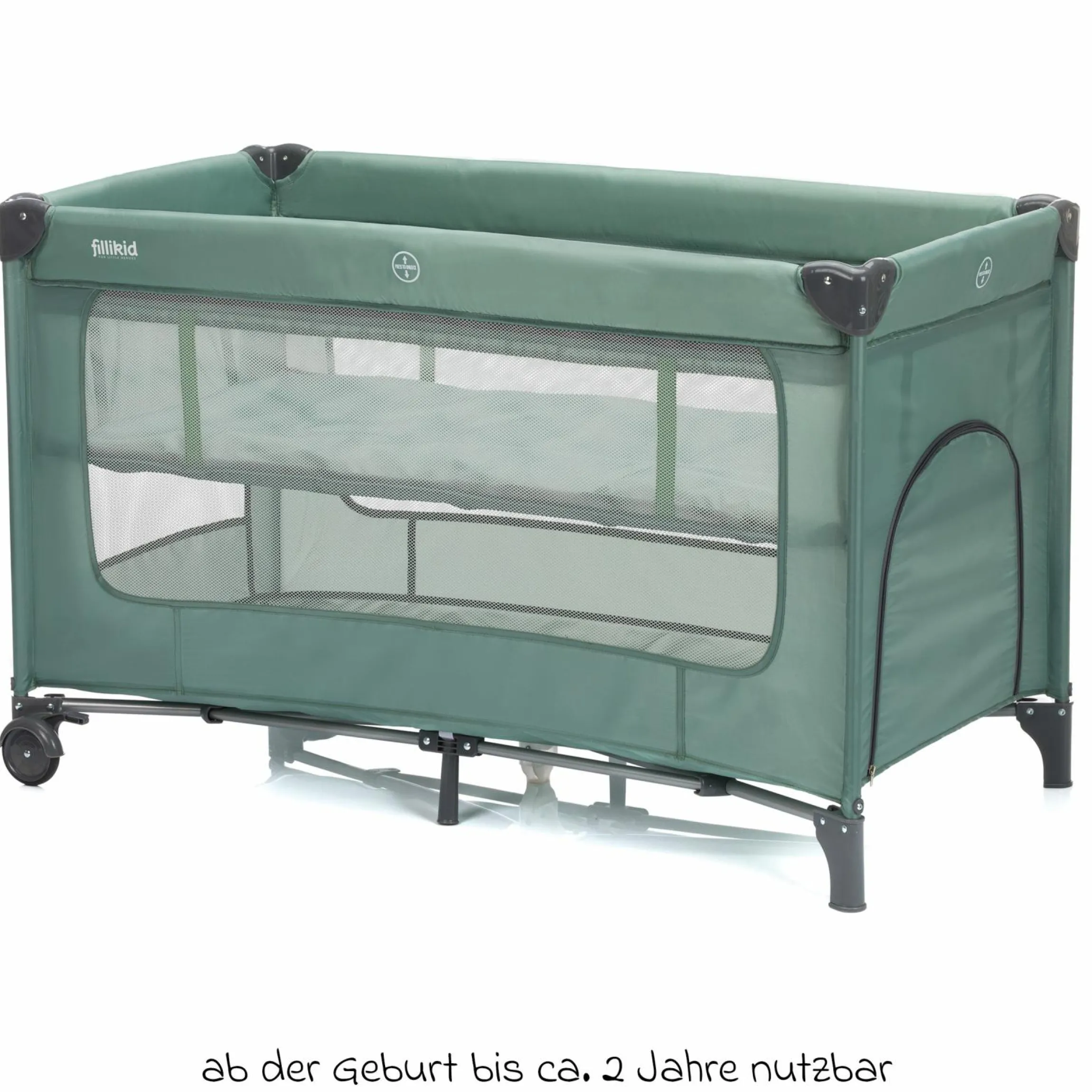 Reisebett Capri ab Geburt - 15 kg mit verstellbarem Einhang, 2 Räder, Einstieg, Wickeauflage , Windelablage, Mobile & Tragetasche - Grün