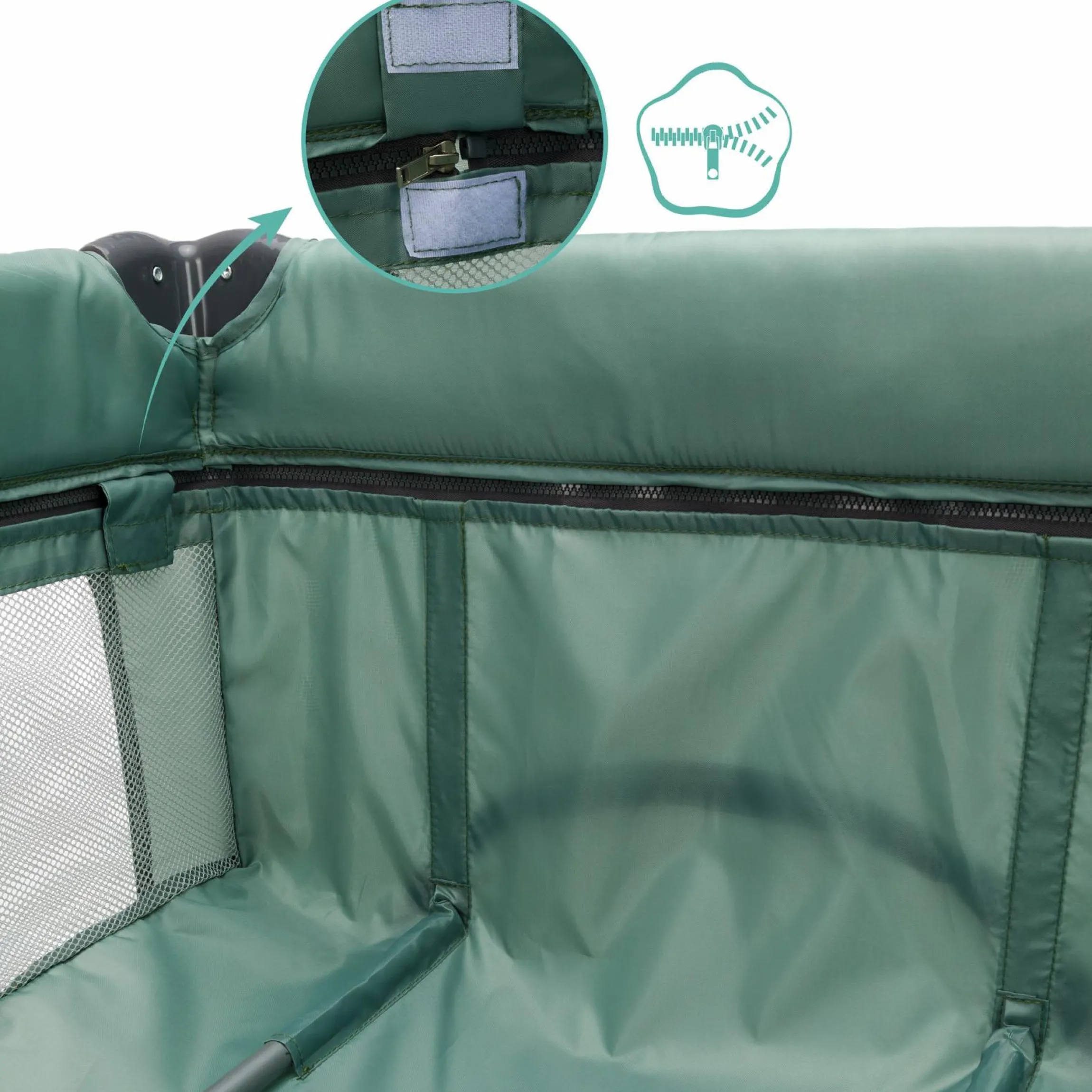 Reisebett Capri ab Geburt - 15 kg mit verstellbarem Einhang, 2 Räder, Einstieg, Wickeauflage , Windelablage, Mobile & Tragetasche - Grün