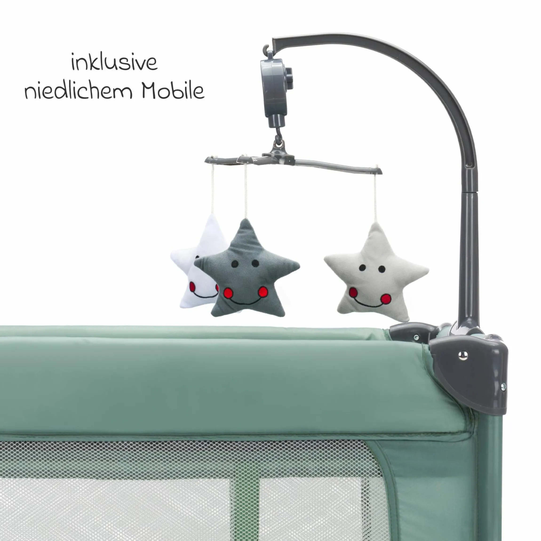 Reisebett Capri ab Geburt - 15 kg mit verstellbarem Einhang, 2 Räder, Einstieg, Wickeauflage , Windelablage, Mobile & Tragetasche - Grün