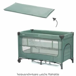 Reisebett Capri ab Geburt - 15 kg mit verstellbarem Einhang, 2 Räder, Einstieg, Wickeauflage , Windelablage, Mobile & Tragetasche - Grün