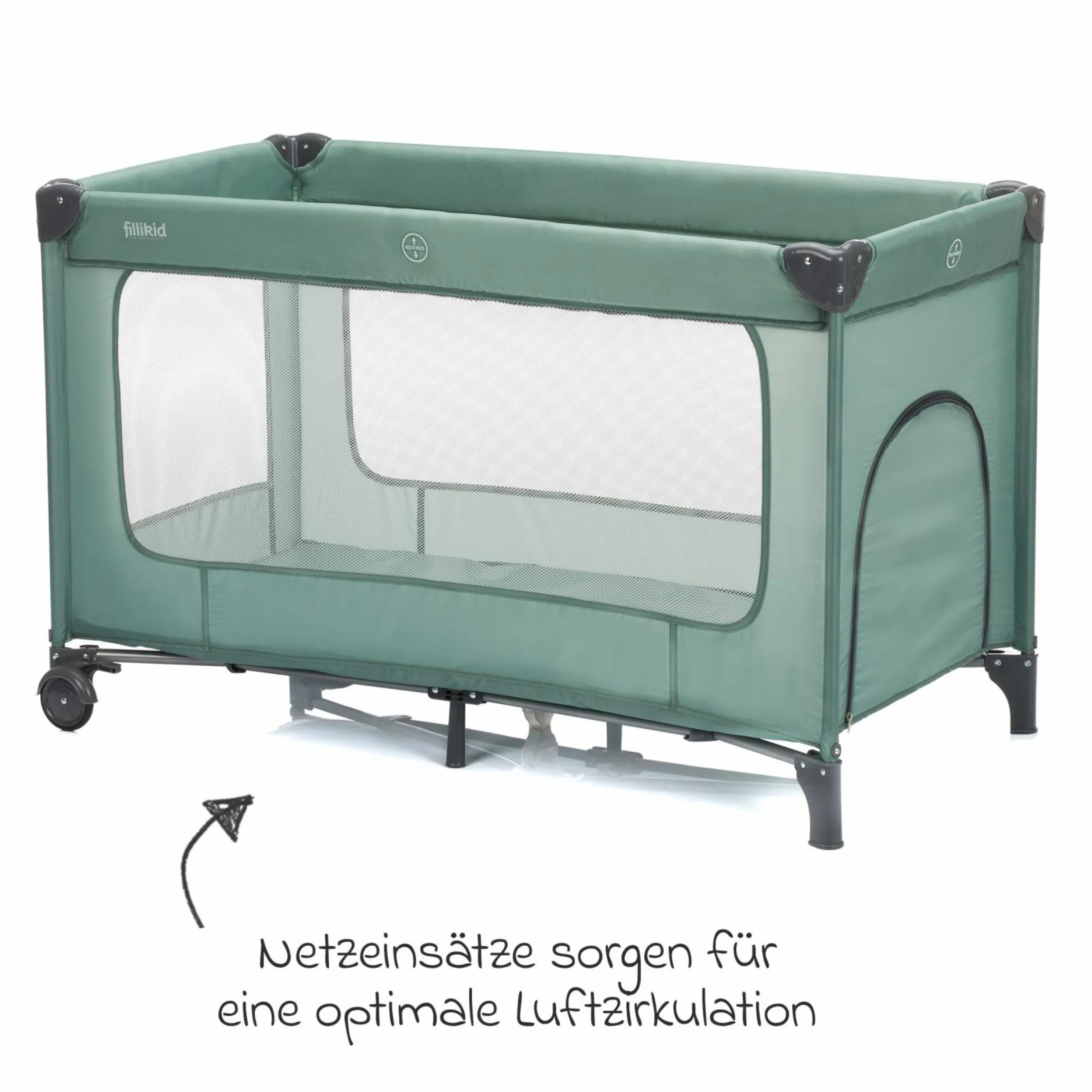 Reisebett Capri ab Geburt - 15 kg mit verstellbarem Einhang, 2 Räder, Einstieg, Wickeauflage , Windelablage, Mobile & Tragetasche - Grün
