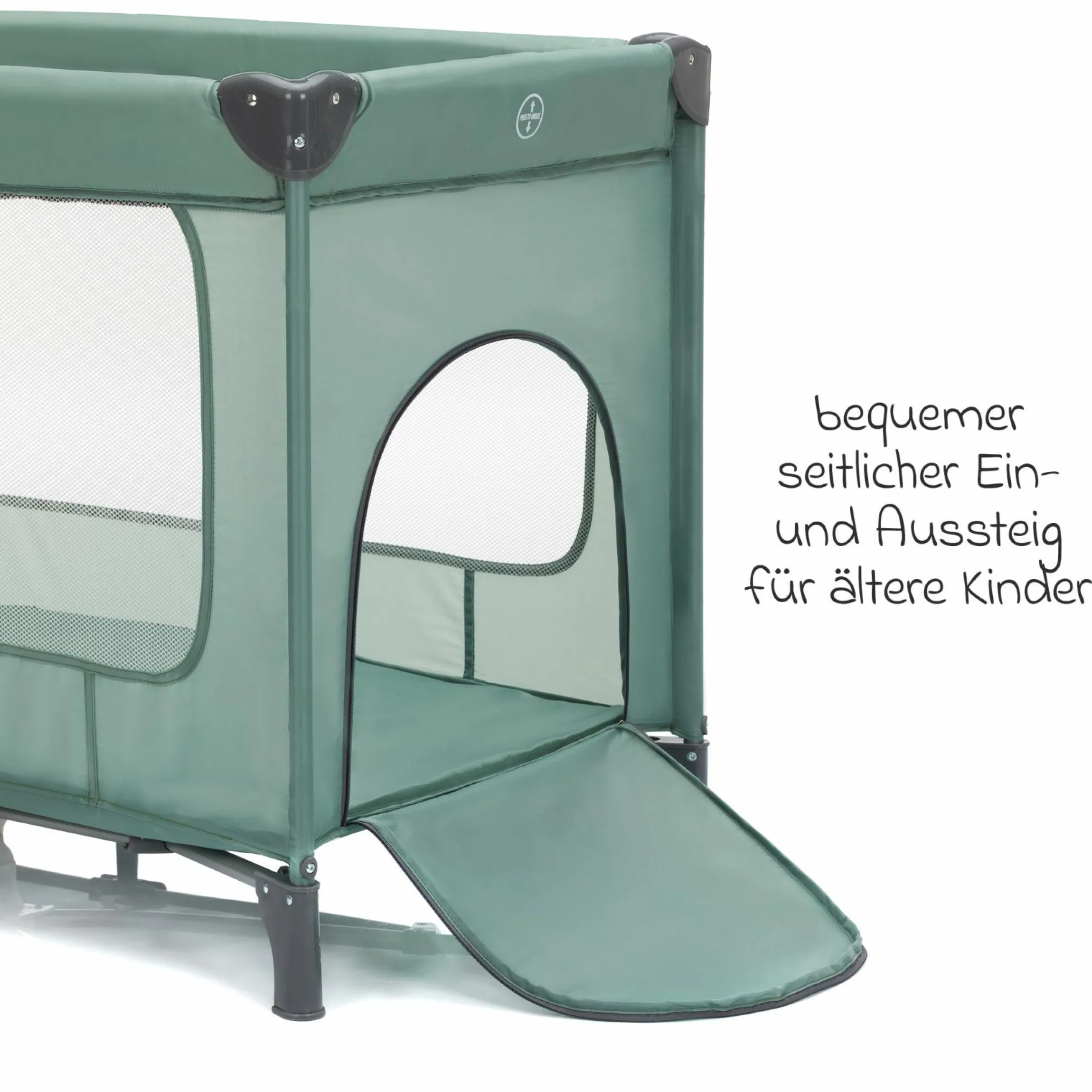 Reisebett Capri ab Geburt - 15 kg mit verstellbarem Einhang, 2 Räder, Einstieg, Wickeauflage , Windelablage, Mobile & Tragetasche - Grün