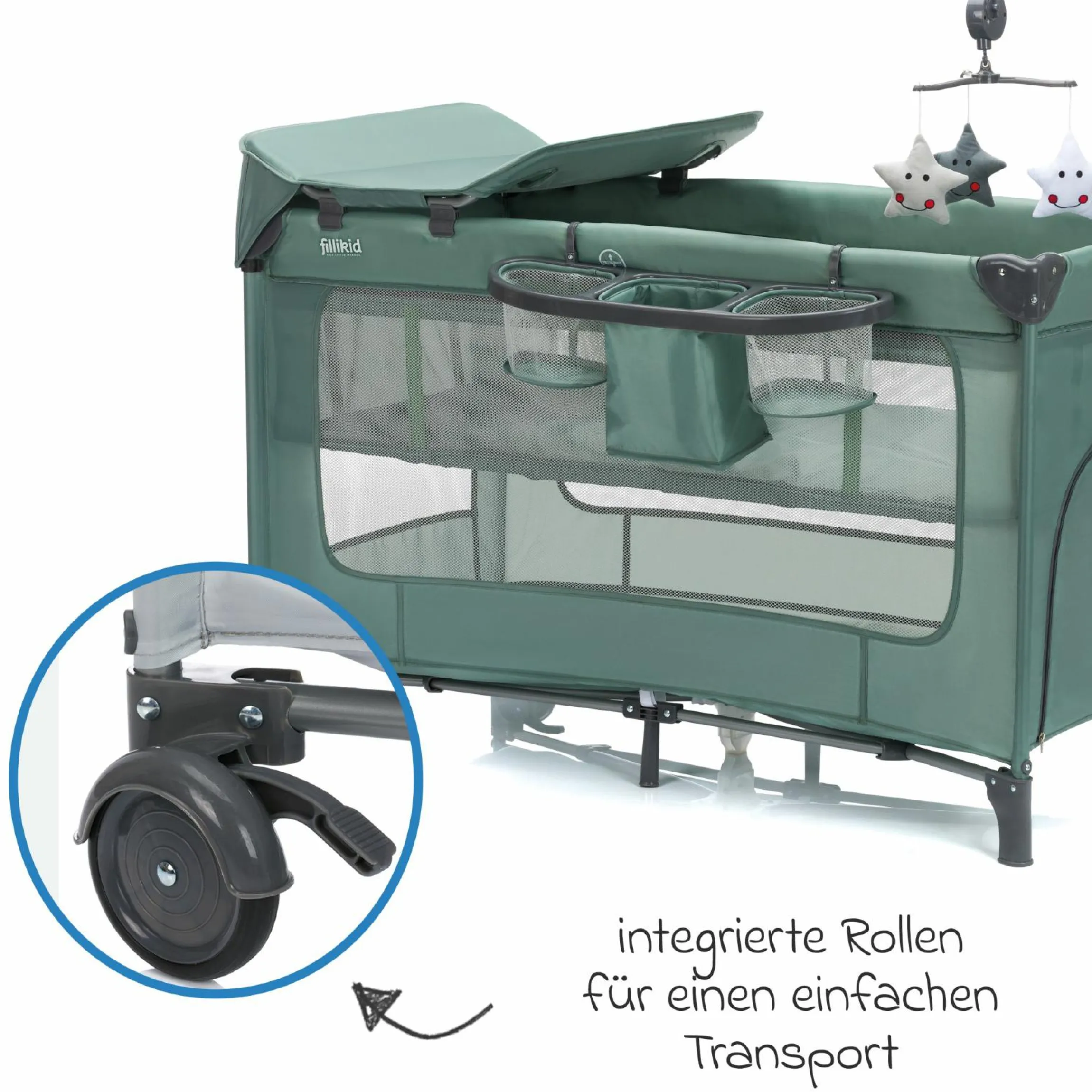 Reisebett Capri ab Geburt - 15 kg mit verstellbarem Einhang, 2 Räder, Einstieg, Wickeauflage , Windelablage, Mobile & Tragetasche - Grün