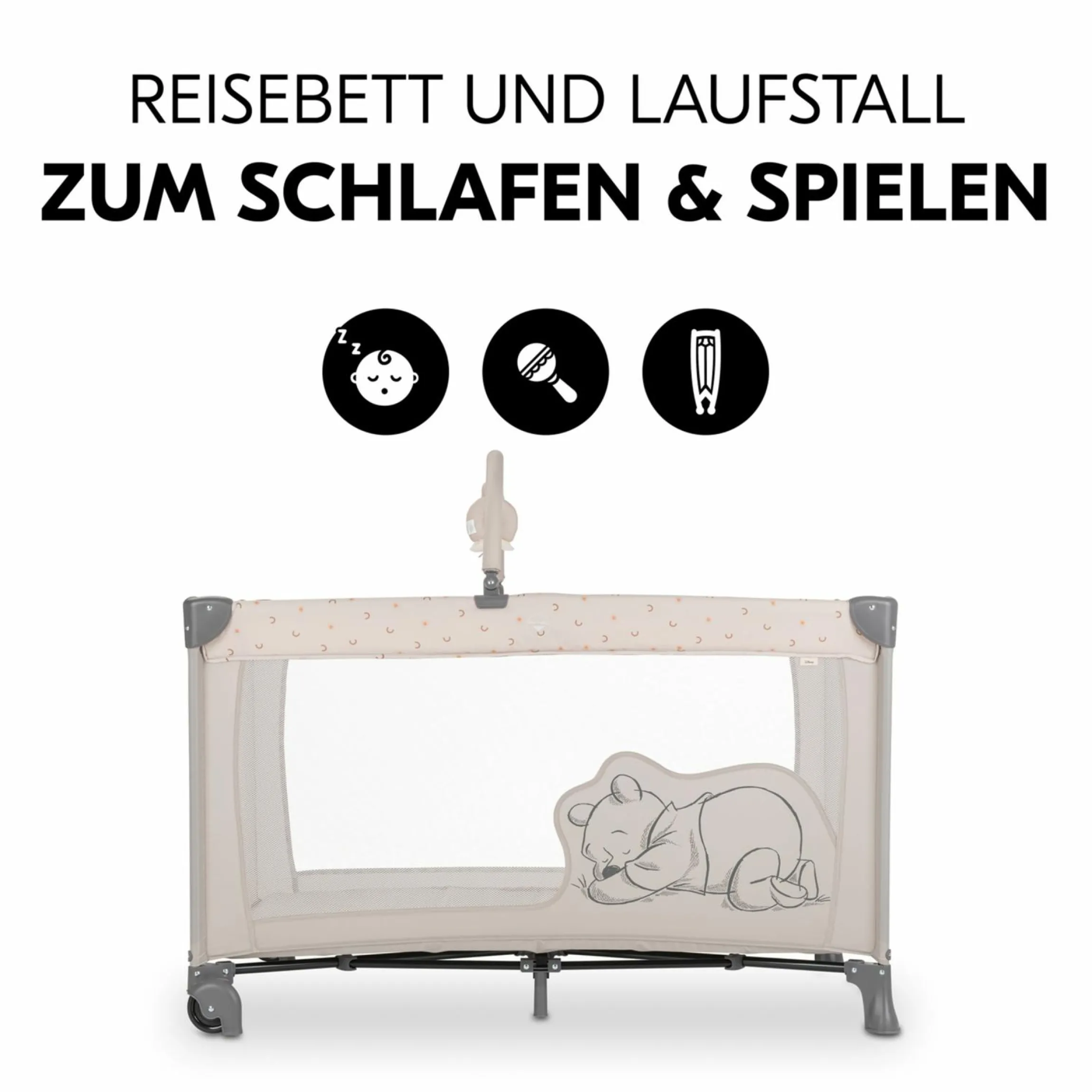 Reisebett Dream`n Play Go - mit Rollen und Spielbogen - Disney - Pooh Rainbow Beige