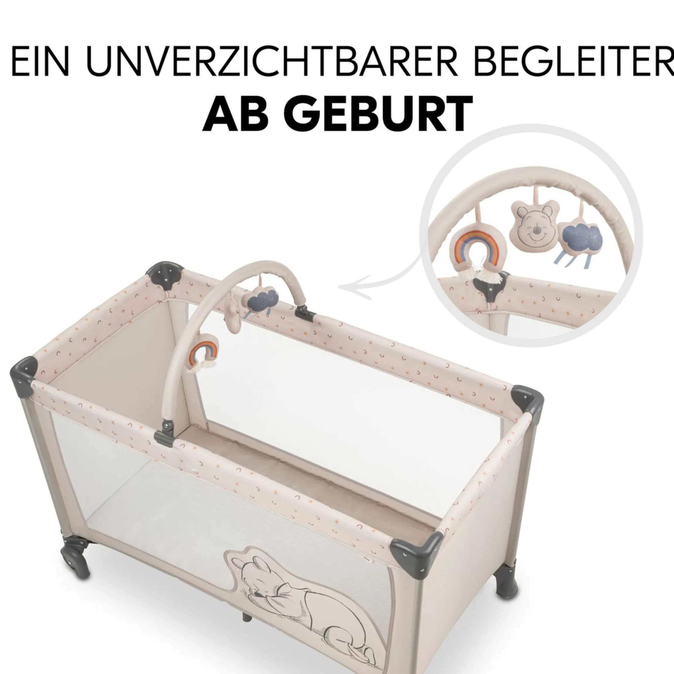 Reisebett Dream`n Play Go - mit Rollen und Spielbogen - Disney - Pooh Rainbow Beige